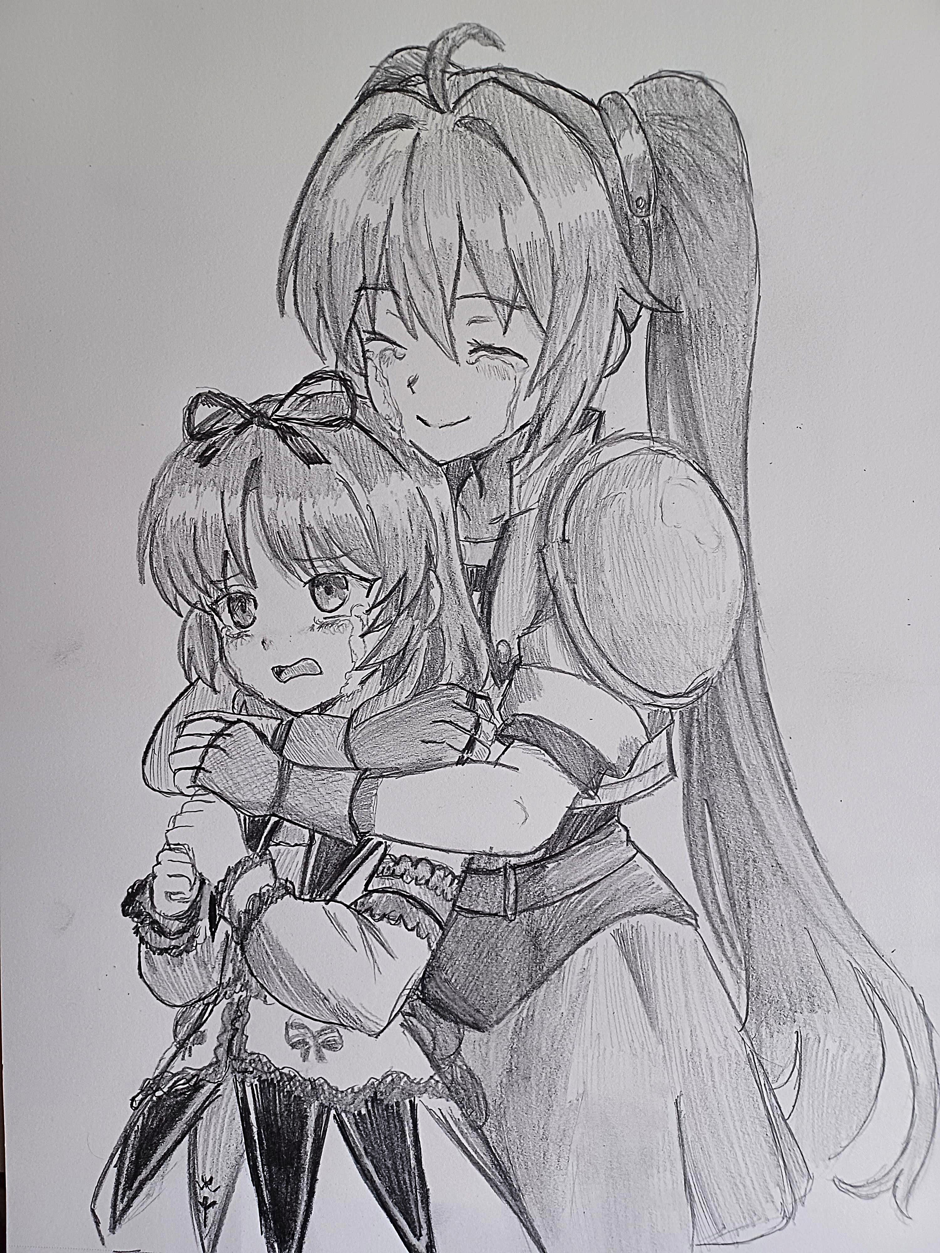 estelle bright, renne (eiyuu densetsu), eiyuu densetsu, sora no kiseki, absurdres, artist request, commentary, english commentary, graphite (medium), highres, traditional media, 2girls, ahoge, antenna hair, armor, crying, double-parted bangs, dress, greyscale, hair between eyes, hair intakes, light smile, long hair, long sleeves, monochrome, multiple girls, parted bangs, pauldrons, short sleeves, shoulder armor, single pauldron, smile, twintails, upper body