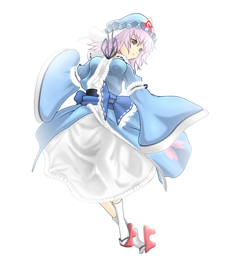 terazo, saigyouji yuyuko, touhou, 1girl, breasts, dress, female focus, full body, geta, hat, japanese clothes, mob cap, okobo, platform sandals, purple hair, sandals, simple background, solo, tabi, white background