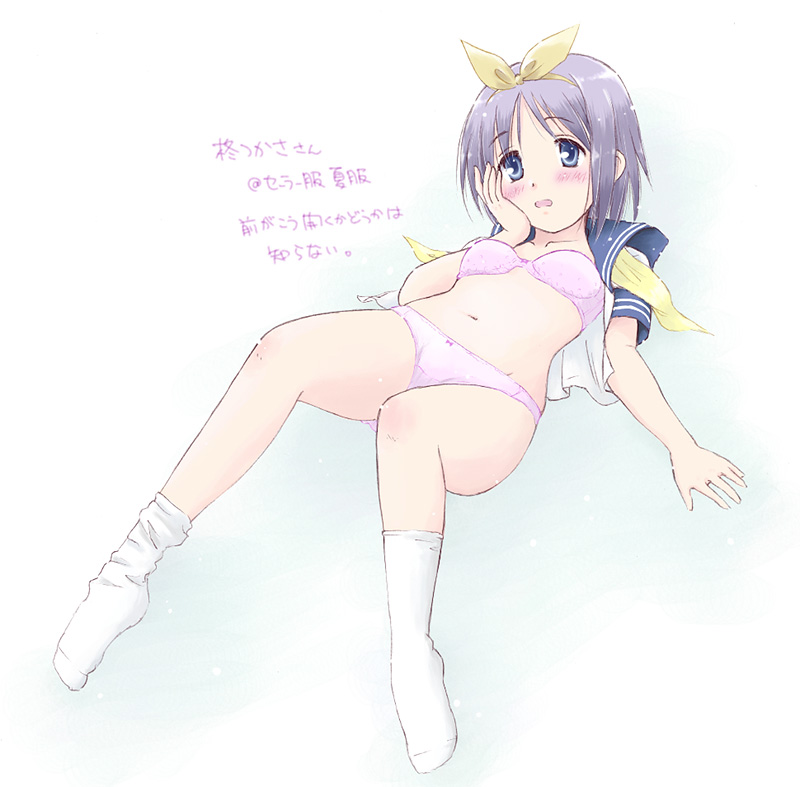 takahashi mugi, hiiragi tsukasa, lucky star, translated, 00s, bra, lingerie, open clothes, open shirt, panties, school uniform, serafuku, shirt, solo, underwear