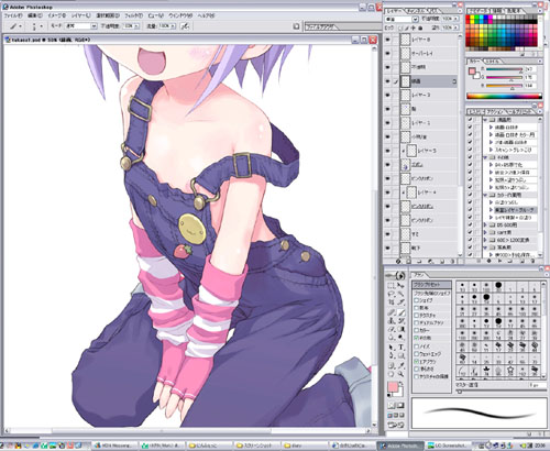 kiira, hiiragi tsukasa, lucky star, lowres, unfinished, 00s, 1girl, female focus, flat chest, naked overalls, nipple slip, nipples, overalls, solo, strap slip