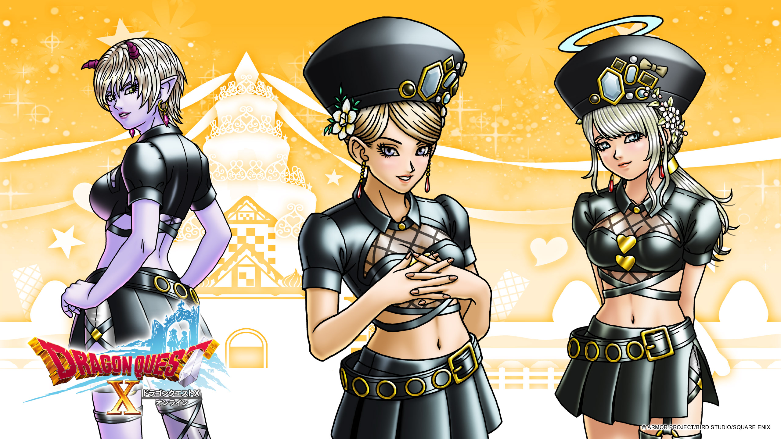 lectalys, marone (dq10), valeria (dragon quest), dragon quest, dragon quest x, artist request, highres, official art, official wallpaper, 3girls, angel, arms behind back, belt, black belt, black hat, black shirt, black skirt, blonde hair, blue eyes, blue halo, breasts, brown hair, colored skin, copyright logo, copyright name, cropped shirt, demon girl, earrings, flower, hair flower, hair ornament, halo, hat, horns, jewelry, looking back, looking to the side, low ponytail, medium breasts, multiple girls, navel, o-ring, o-ring thigh strap, official alternate costume, orange background, pink horns, pink lips, pointy ears, ponytail, purple eyes, purple skin, shirt, shorts, side slit, skirt, smile, teardrop earrings, thigh strap, white flower, white shorts