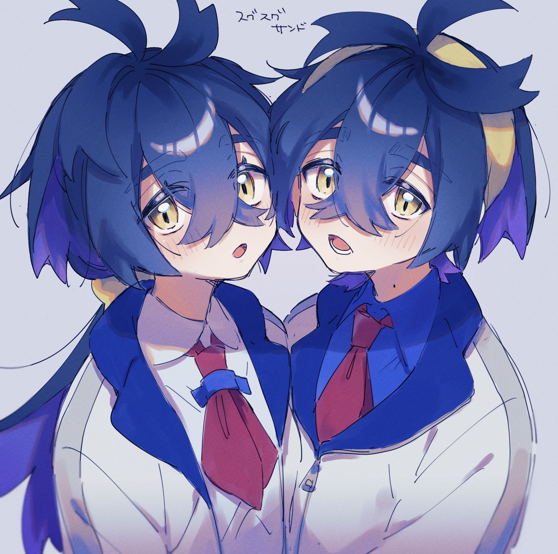 nekojiri, kieran (pokemon), nintendo, pokemon, pokemon sv, commentary request, highres, 1boy, 1girl, blue shirt, blush, collared shirt, crossed bangs, genderswap, genderswap (mtf), grey background, hair between eyes, hairband, jacket, long hair, looking at viewer, mole, mole on neck, multicolored hair, open clothes, open jacket, open mouth, purple hair, shirt, simple background, upper body, white jacket, white shirt, yellow eyes, yellow hairband, zipper pull tab