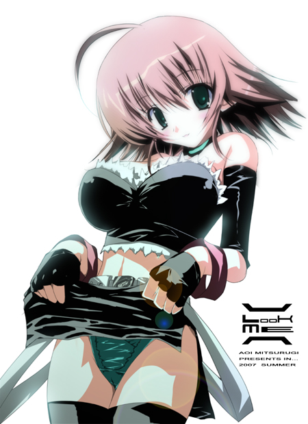 noto kurumi, 1girl, breasts, brown hair, clothes lift, female focus, green eyes, large breasts, panties, skirt, skirt lift, solo, thighhighs, underwear, upskirt