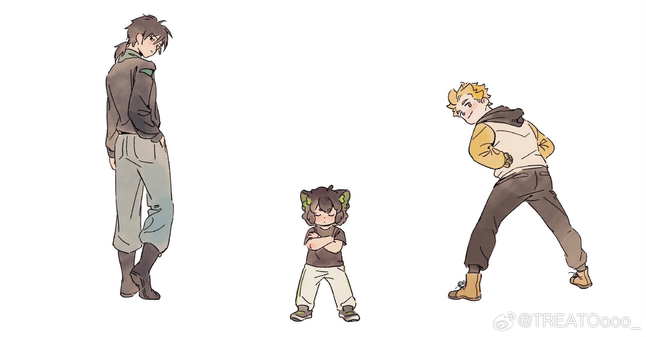 brandybuck, luo xiaohei, luo xiaohei (human), luo xiaohei zhanji, highres, 3boys, animal ears, black boots, black hair, black pants, black shirt, blonde hair, boots, cat boy, cat ears, closed eyes, crossed arms, grey pants, jia (the legend of luoxiaohei), long sleeves, looking at viewer, multiple boys, pants, ponytail, shirt, short sleeves, simple background, smile, standing, white background, wide shot, yellow boots, yi (the legend of luoxiaohei)