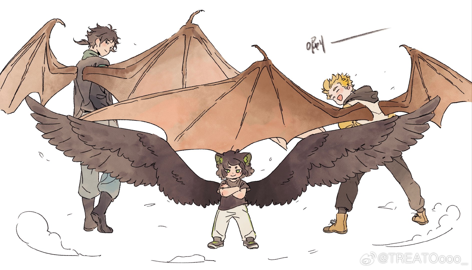 brandybuck, luo xiaohei, luo xiaohei (human), luo xiaohei zhanji, highres, 3boys, animal ears, bat wings, black boots, black hair, black pants, black shirt, blonde hair, boots, cat boy, cat ears, closed eyes, crossed arms, feathered wings, grey pants, jia (the legend of luoxiaohei), long sleeves, looking at viewer, multiple boys, open mouth, pants, ponytail, shirt, short sleeves, simple background, smile, standing, white background, wide shot, wings, yellow boots, yi (the legend of luoxiaohei)