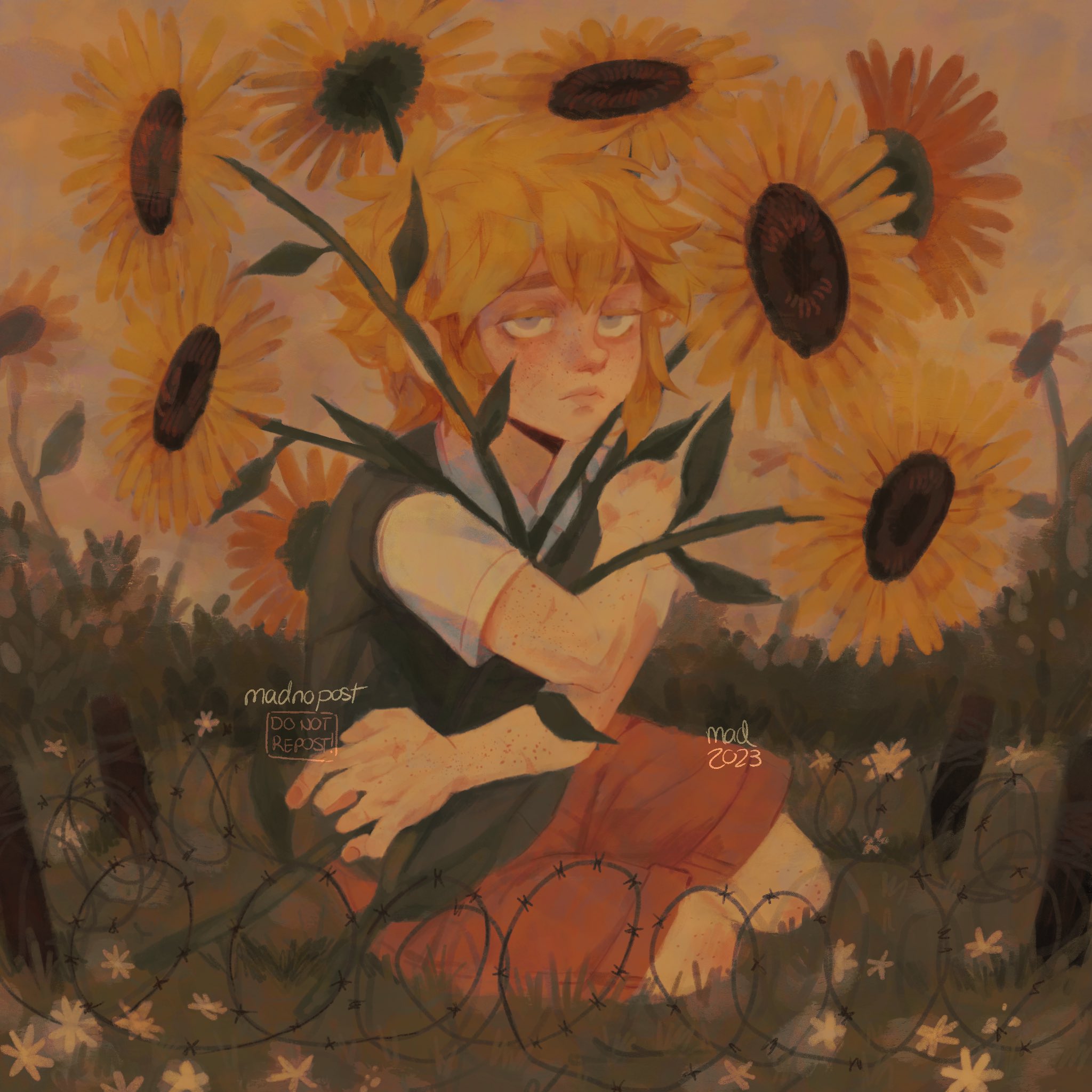 madnopost, basil (faraway) (omori), basil (omori), omori, highres, 1boy, 2023, artist name, barbed wire, blonde hair, blue eyes, closed mouth, collared shirt, double-parted bangs, flower, grass, green sweater vest, holding, holding flower, looking at viewer, male focus, shirt, short hair, short sleeves, sidelocks, sitting, solo, sunflower, sweater vest, white shirt