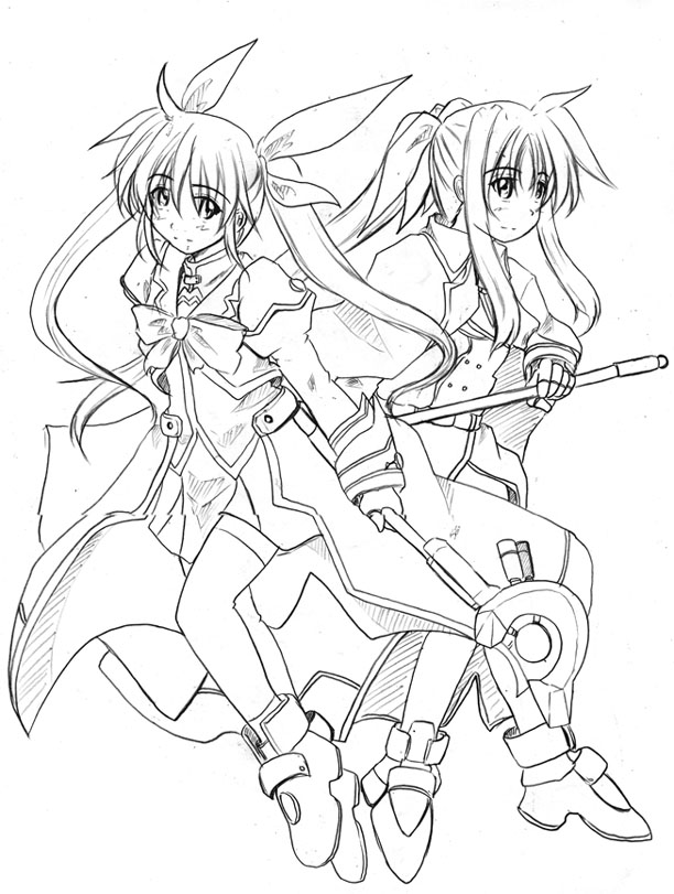 zero point, bardiche (nanoha), fate testarossa, fate testarossa (impulse form), raising heart, raising heart (accel mode), takamachi nanoha, takamachi nanoha (aggressor mode), lyrical nanoha, mahou shoujo lyrical nanoha, mahou shoujo lyrical nanoha strikers, 00s, 2girls, cape, coat, fingerless gloves, gauntlets, gloves, greyscale, magical girl, monochrome, multiple girls, single gauntlet, thighhighs, twintails, waist cape