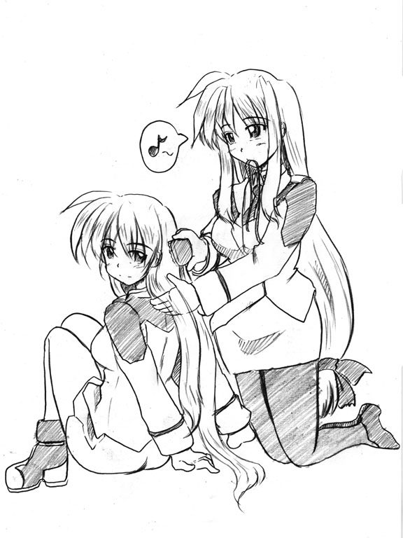 zero point, fate testarossa, takamachi nanoha, lyrical nanoha, mahou shoujo lyrical nanoha, mahou shoujo lyrical nanoha strikers, 00s, 2girls, brushing another's hair, brushing hair, greyscale, kneeling, long hair, low-tied long hair, military, military uniform, monochrome, mouth hold, multiple girls, musical note, pantyhose, ribbon, ribbon in mouth, sitting, speech bubble, spoken musical note, very long hair