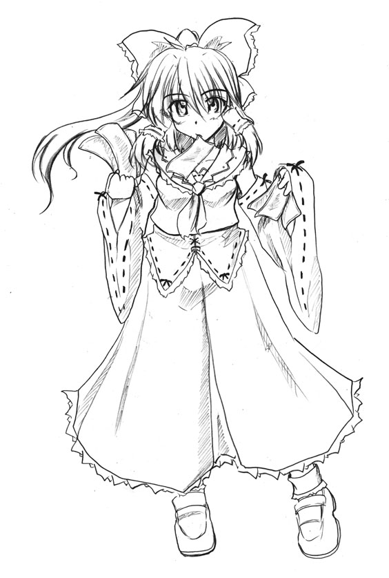 zero point, hakurei reimu, touhou, 1girl, ascot, bobby socks, bow, detached sleeves, female focus, full body, greyscale, hair bow, hair tubes, long sleeves, looking at viewer, monochrome, ofuda, ribbon-trimmed sleeves, ribbon trim, shoes, side ponytail, sidelocks, skirt, socks, solo, standing