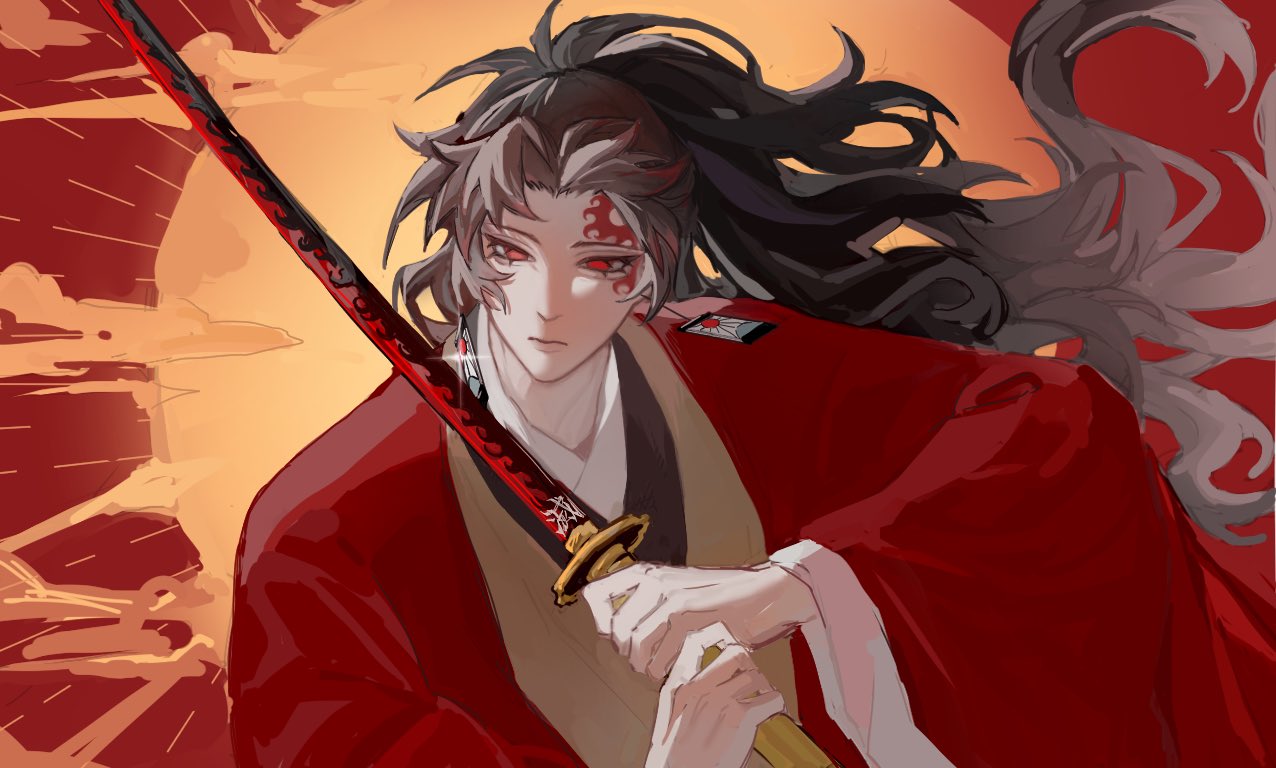 tsugikuni yoriichi, kimetsu no yaiba, 2boys, black hair, closed mouth, earrings, empty eyes, facial tattoo, hanafuda earrings, haori, high ponytail, holding, holding sword, holding weapon, japanese clothes, jewelry, katana, kimono, lins0502, long hair, male focus, multiple boys, ponytail, red eyes, red haori, red tattoo, spiked hair, sword, tattoo, upper body, very long hair, weapon, yellow kimono