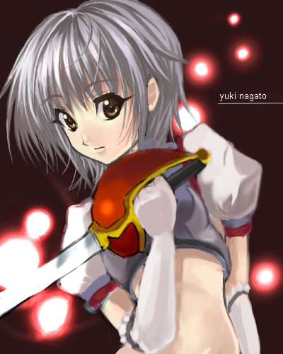 kitiroku, nagato yuki, suzumiya haruhi no yuuutsu, eyebrows, lowres, 00s, 1girl, alternate costume, armor, breastplate, character name, closed mouth, crop top, female focus, gloves, glowing, grey hair, holding, holding sword, holding weapon, looking at viewer, midriff, puffy short sleeves, puffy sleeves, short hair, short sleeves, solo, sword, upper body, weapon, white gloves, yellow eyes