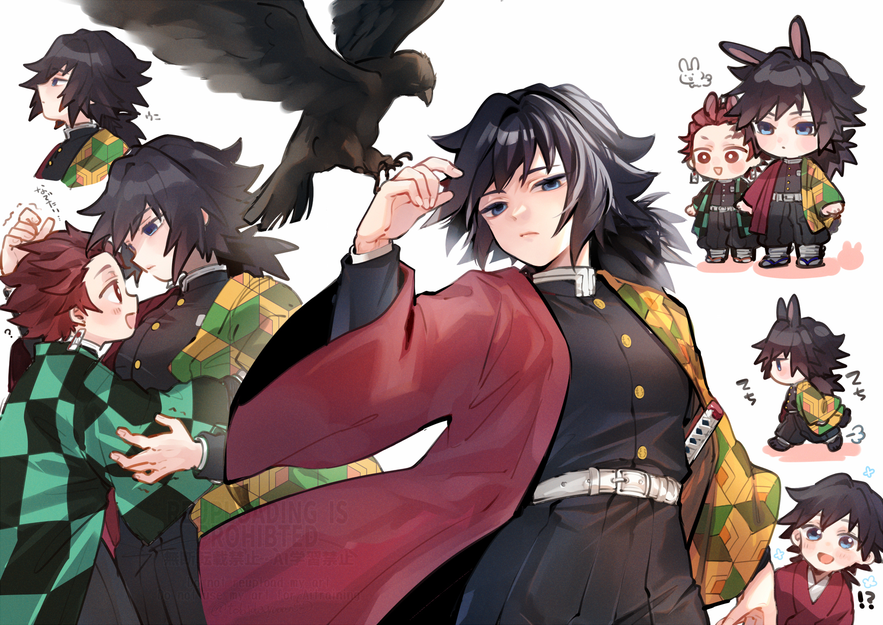 tobidayooon, kamado tanjirou, kanzaburou (kimetsu no yaiba), tomioka giyuu, kimetsu no yaiba, highres, 2boys, bird, black hair, black jacket, black pants, blue eyes, brown hair, buttons, chibi, closed mouth, cowboy shot, crow, demon slayer uniform, full body, gold buttons, haori, high collar, jacket, japanese clothes, katana, kikkoumon, low ponytail, male focus, multiple boys, multiple views, open mouth, pants, ponytail, print haori, profile, red haori, short hair, simple background, smile, spiked hair, sword, weapon, white background