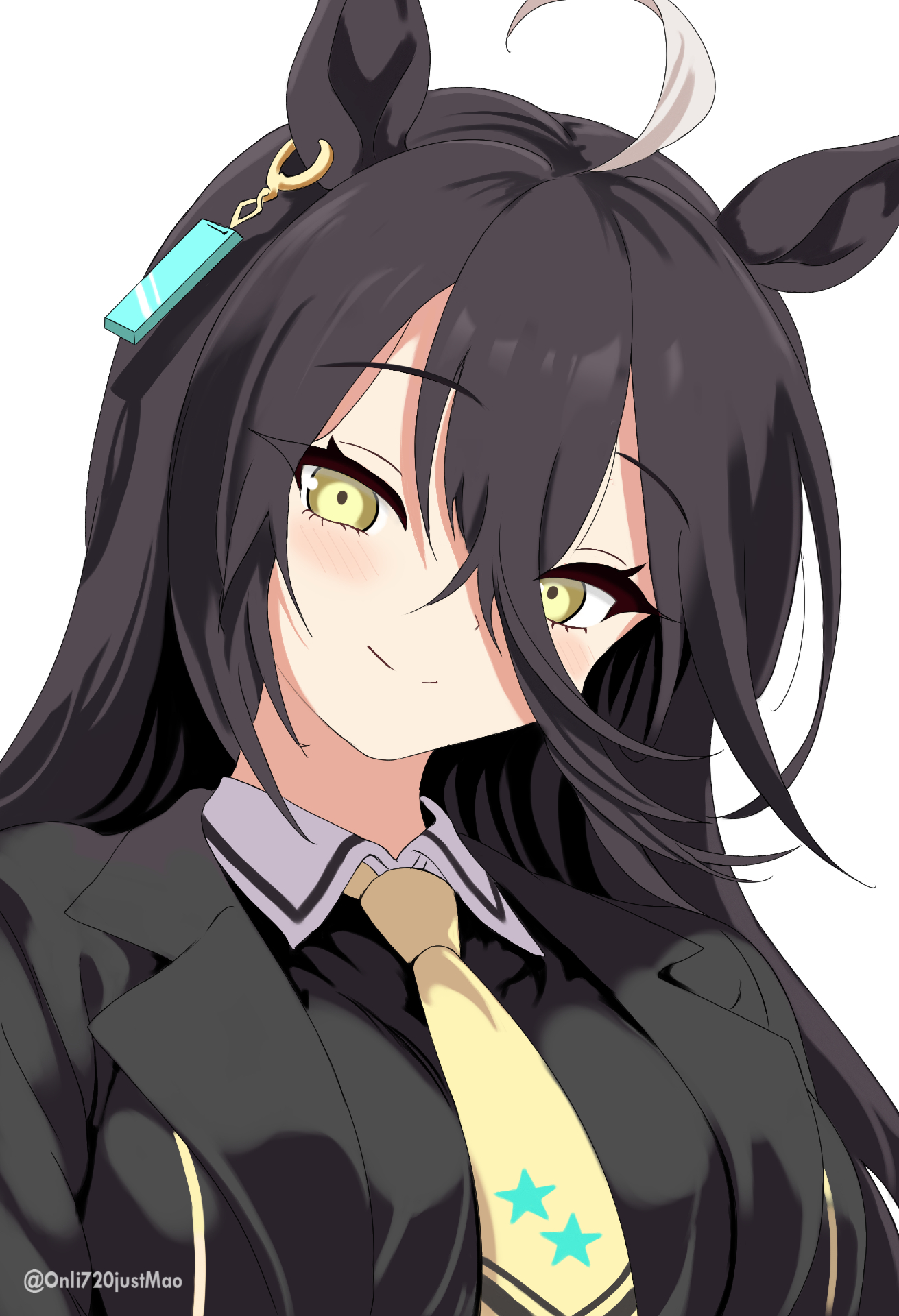 onli720justmao, manhattan cafe (umamusume), umamusume, highres, 1girl, ahoge, animal ears, artist name, black coat, black hair, blush, closed mouth, coat, collared shirt, contrast collar, ear ornament, ear tag, earrings, hair between eyes, horse ears, horse girl, jewelry, long hair, long hair between eyes, looking at viewer, multicolored hair, necktie, shirt, simple background, single earring, smile, solo, split mouth, twitter username, white background, white hair, white shirt, yellow eyes, yellow necktie