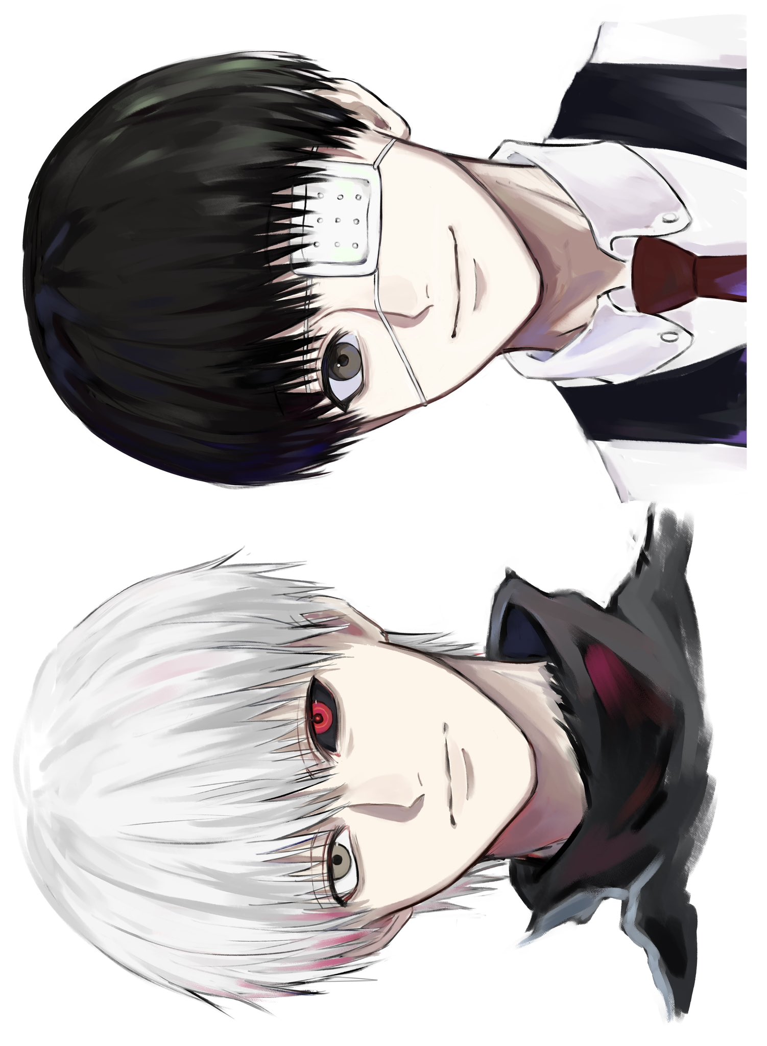 uno 0a, kaneki ken, tokyo ghoul, highres, 1boy, black hair, black sclera, brown eyes, closed mouth, collared shirt, colored sclera, eyepatch, high collar, male focus, medical eyepatch, multiple views, necktie, red eyes, red necktie, shirt, short hair, sideways, simple background, smile, upper body, white background, white hair, white shirt