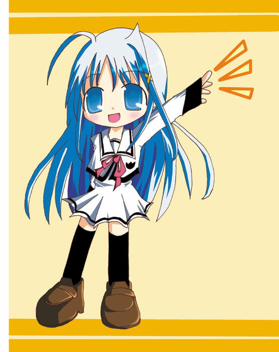 konno, konno-t, reinforce zwei, lyrical nanoha, mahou shoujo lyrical nanoha, mahou shoujo lyrical nanoha strikers, 00s, 1girl, ahoge, blue eyes, blue hair, chibi, female focus, hair ornament, matching hair/eyes, school uniform, solo, thighhighs, x hair ornament