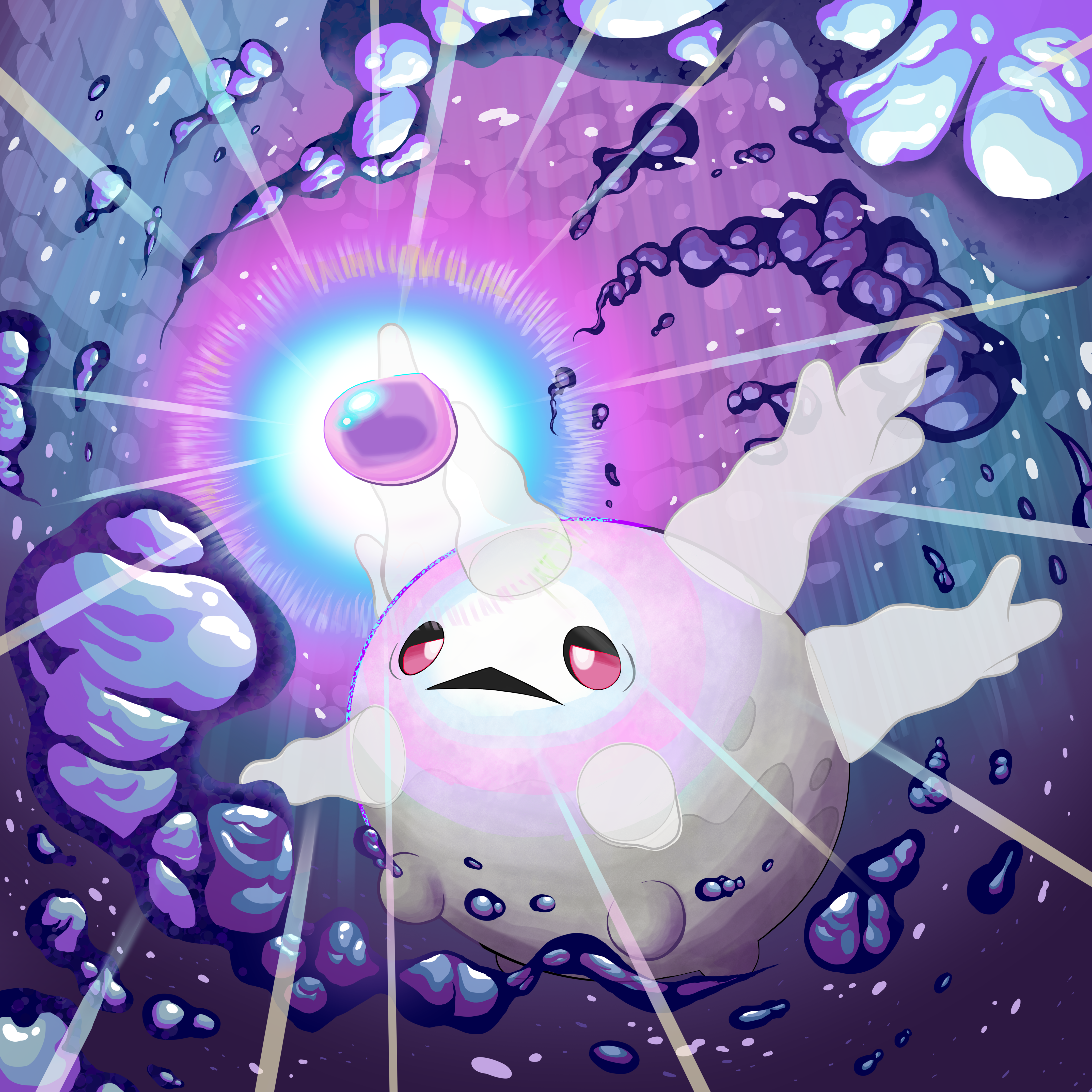 q.t.2 shi, galarian corsola, nintendo, pokemon, absurdres, commentary request, highres, air bubble, bubble, colored sclera, eviolite, full body, galarian form, gen 8 pokemon, glowing, no humans, open mouth, pokemon (creature), pokemon focus, red sclera, solo, underwater, white eyes