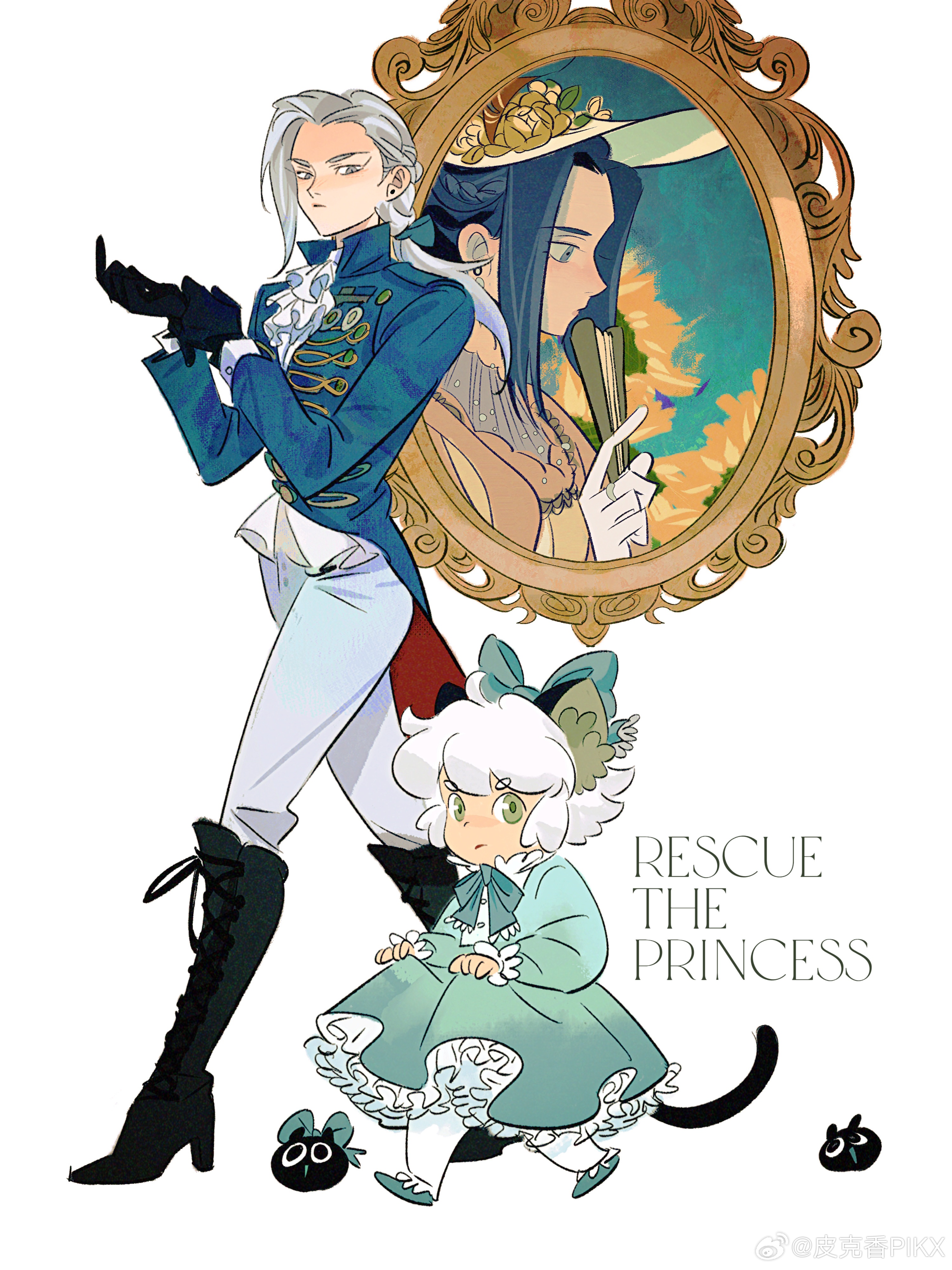 heixiu, luo xiaohei, luo xiaohei (human), wuxian (the legend of luoxiaohei), luo xiaohei zhanji, absurdres, highres, 1girl, 2boys, animal ears, aqua bow, aqua dress, black gloves, blue hair, blue tailcoat, bow, cat boy, cat ears, cat tail, crossdressing, crossdressing (ftm), crossdressing (mtf), dress, english text, folded fan, folding fan, gloves, green eyes, grey hair, grey pants, hair bow, hand fan, hat, long hair, luye (the legend of luoxiaohei), multiple boys, pants, picture frame, ponytail, profile, short hair, tail, weibo 7768508309, white gloves, white hair