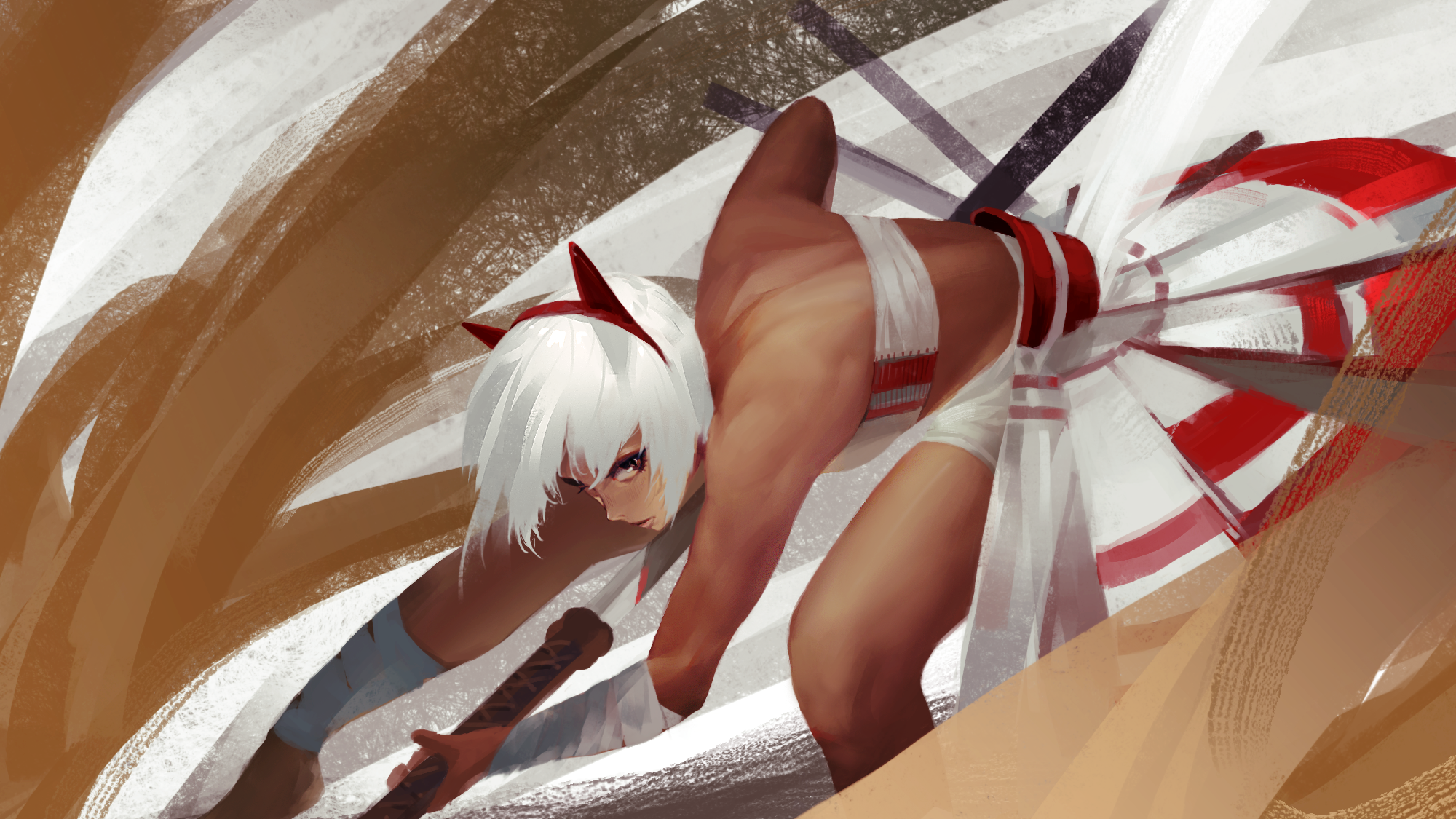 glaw, original, commentary, highres, arm wrap, dark-skinned female, dark skin, holding, holding sword, holding weapon, leaning forward, leg wrap, sword, weapon, white hair