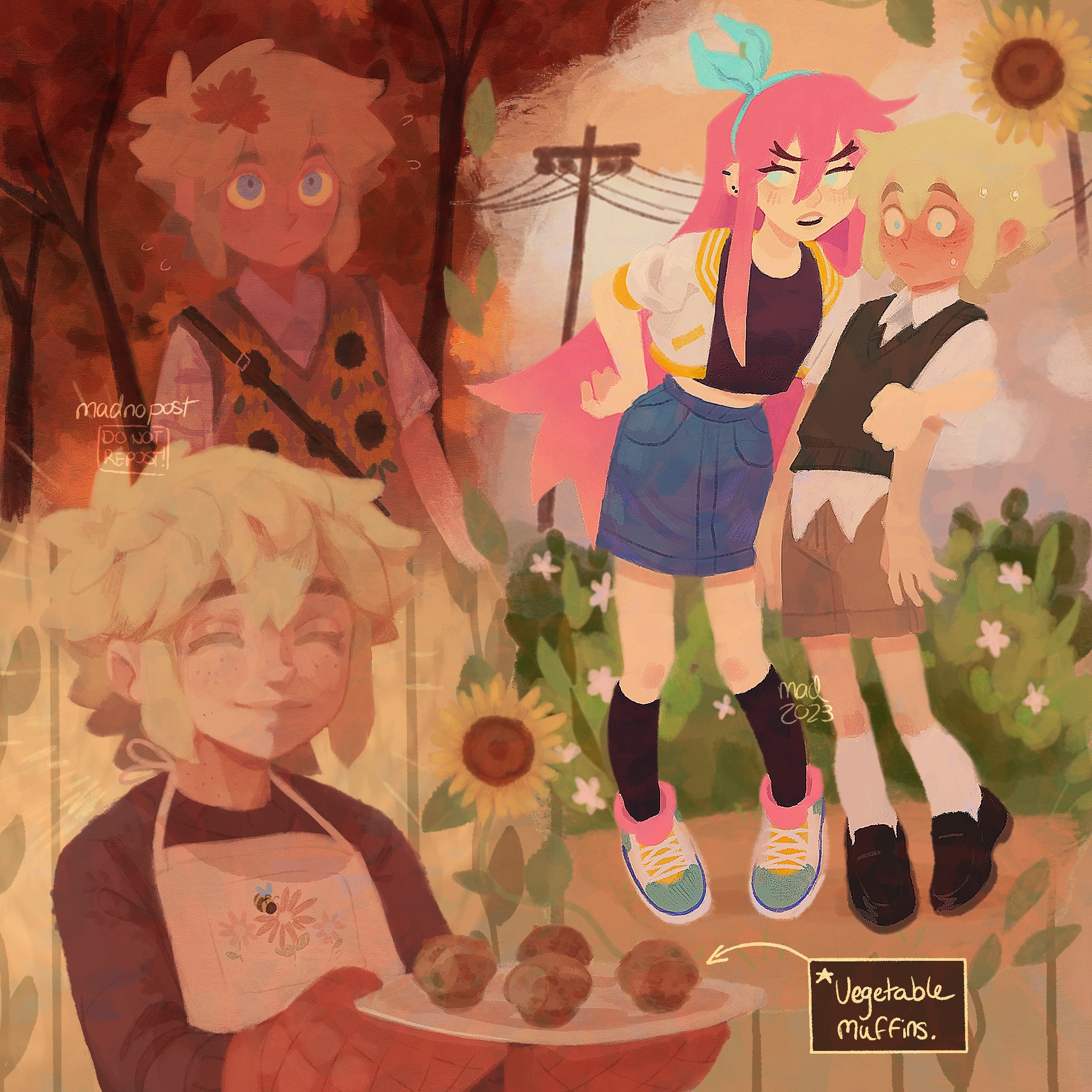 madnopost, aubrey (faraway) (omori), aubrey (omori), basil (faraway) (omori), basil (omori), omori, highres, 1boy, 1girl, 2023, alternate costume, apron, artist name, autumn, autumn leaves, baking sheet, black shoes, black socks, black sweater, blonde hair, blue eyes, blue hairband, blue skirt, blush, closed eyes, closed mouth, collared shirt, crop top, denim, denim skirt, double-parted bangs, ear piercing, english text, flower, food, full-face blush, green sweater vest, hairband, hand on own hip, holding, holding tray, jacket, leaf, leaf on head, long hair, long sleeves, looking at viewer, muffin, open mouth, outdoors, oven mitts, piercing, pink hair, power lines, shirt, shoes, short-sleeved jacket, short hair, short sleeves, sidelocks, skirt, sneakers, socks, speech bubble, standing, sunflower, sweater, sweater vest, teeth, tray, tree, upper teeth only, white apron, white jacket, white shirt, white socks