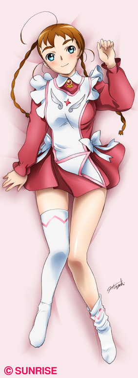 arika yumemiya, my-otome, my-otome zwei, 00s, 1girl, ahoge, apron, bed, blue eyes, braid, brown hair, centerfold, closed mouth, dakimakura (medium), dress, female focus, from above, full body, garderobe uniform, long sleeves, looking at viewer, loose socks, lying, on back, red dress, smile, socks, solo, thighhighs, twin braids, white socks, white thighhighs