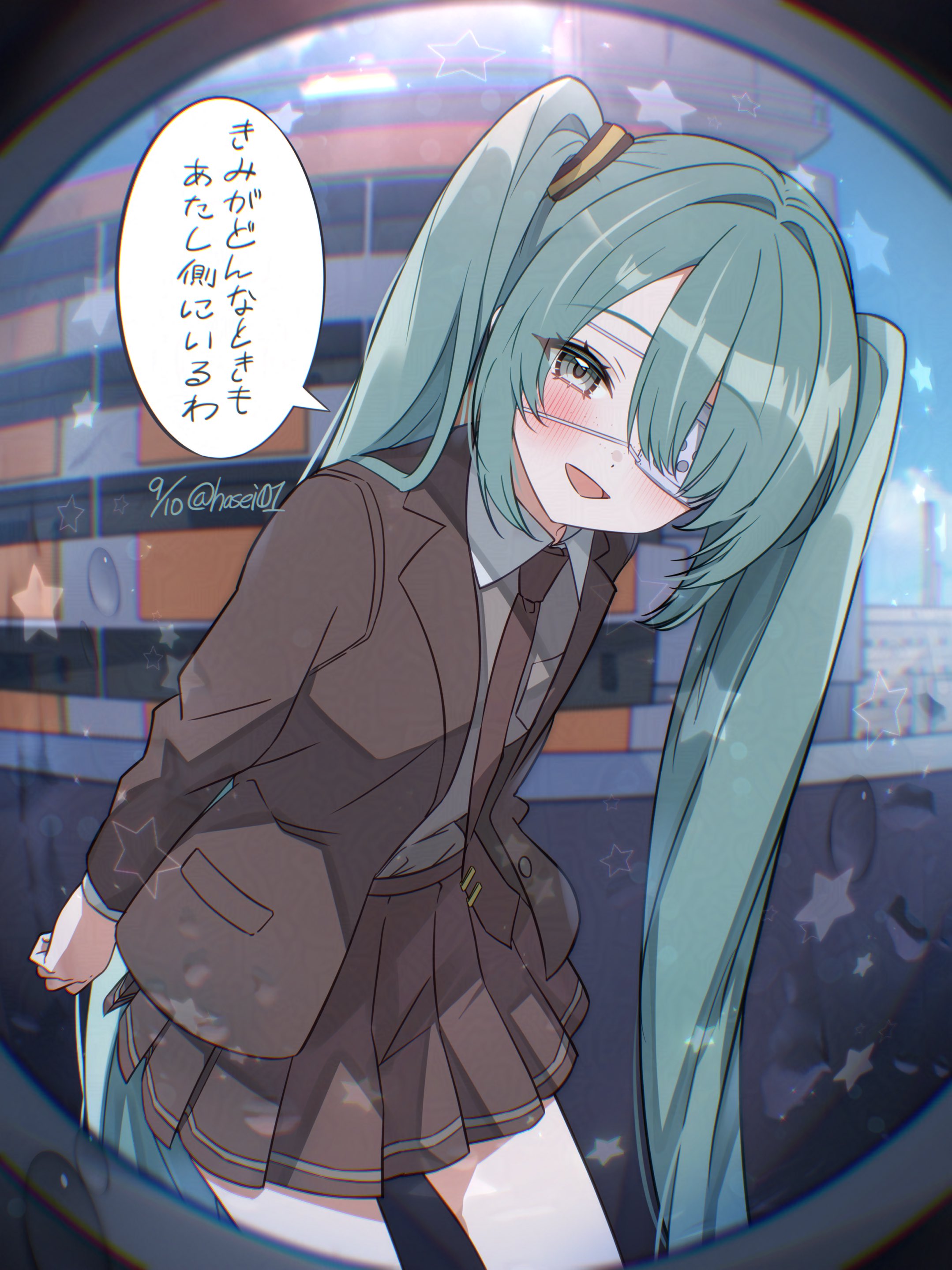 hasei (hasei01), hatsune miku, monitoring (vocaloid), vocaloid, absurdres, commentary request, highres, translation request, 1girl, arms behind back, blazer, blurry, blurry background, blush, breast pocket, brown jacket, brown necktie, brown skirt, building, cityscape, collared shirt, cowboy shot, dated, dot nose, eyepatch, green hair, grey eyes, hair between eyes, hair intakes, hair over one eye, jacket, lapels, leaning forward, long hair, long sleeves, looking at viewer, medical eyepatch, miniskirt, necktie, notched lapels, open clothes, open jacket, open mouth, pleated skirt, pocket, pov peephole, school uniform, shirt, shirt tucked in, sidelocks, skirt, smile, solo, speech bubble, standing, star (symbol), tie clip, tongue, twintails, twitter username, very long hair, white shirt