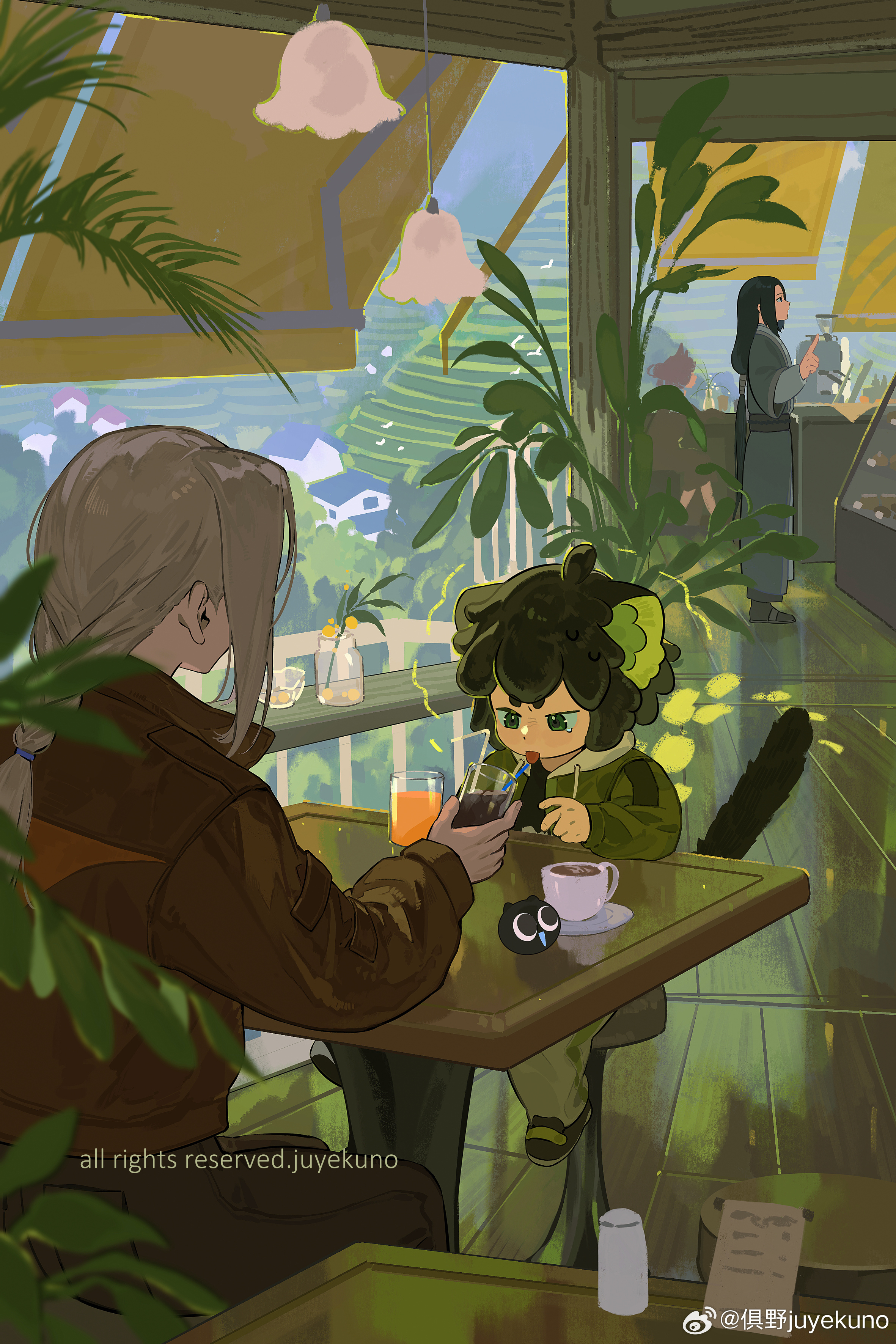 juyekuno, heixiu, luo xiaohei, luo xiaohei (human), wuxian (the legend of luoxiaohei), luo xiaohei zhanji, absurdres, highres, 1girl, 2boys, animal ears, black hair, braid, braided ponytail, brown jacket, building, cat boy, cat ears, cat tail, cup, from behind, green eyes, grey hair, index finger raised, indoors, jacket, leaf, long hair, long sleeves, low-tied long hair, luye (the legend of luoxiaohei), multiple boys, plant, profile, short hair, table, tail, very long hair, window