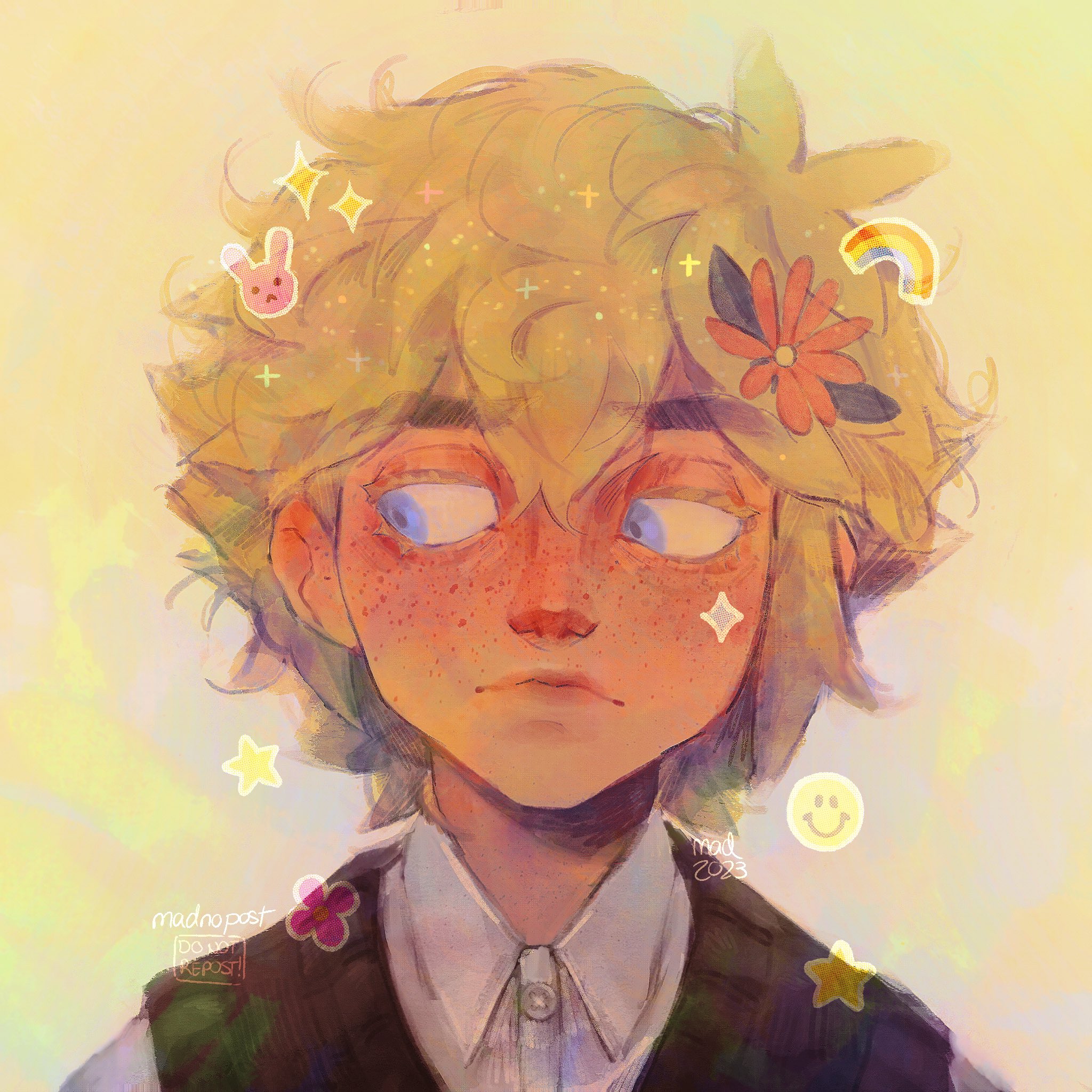 madnopost, basil (faraway) (omori), basil (omori), omori, highres, 1boy, 2023, antenna hair, artist name, blonde hair, blue eyes, close-up, closed mouth, collared shirt, double-parted bangs, flower, freckles, green sweater vest, hair between eyes, hair flower, hair ornament, male focus, shirt, short hair, solo, sparkle, sweater vest, upper body, white shirt