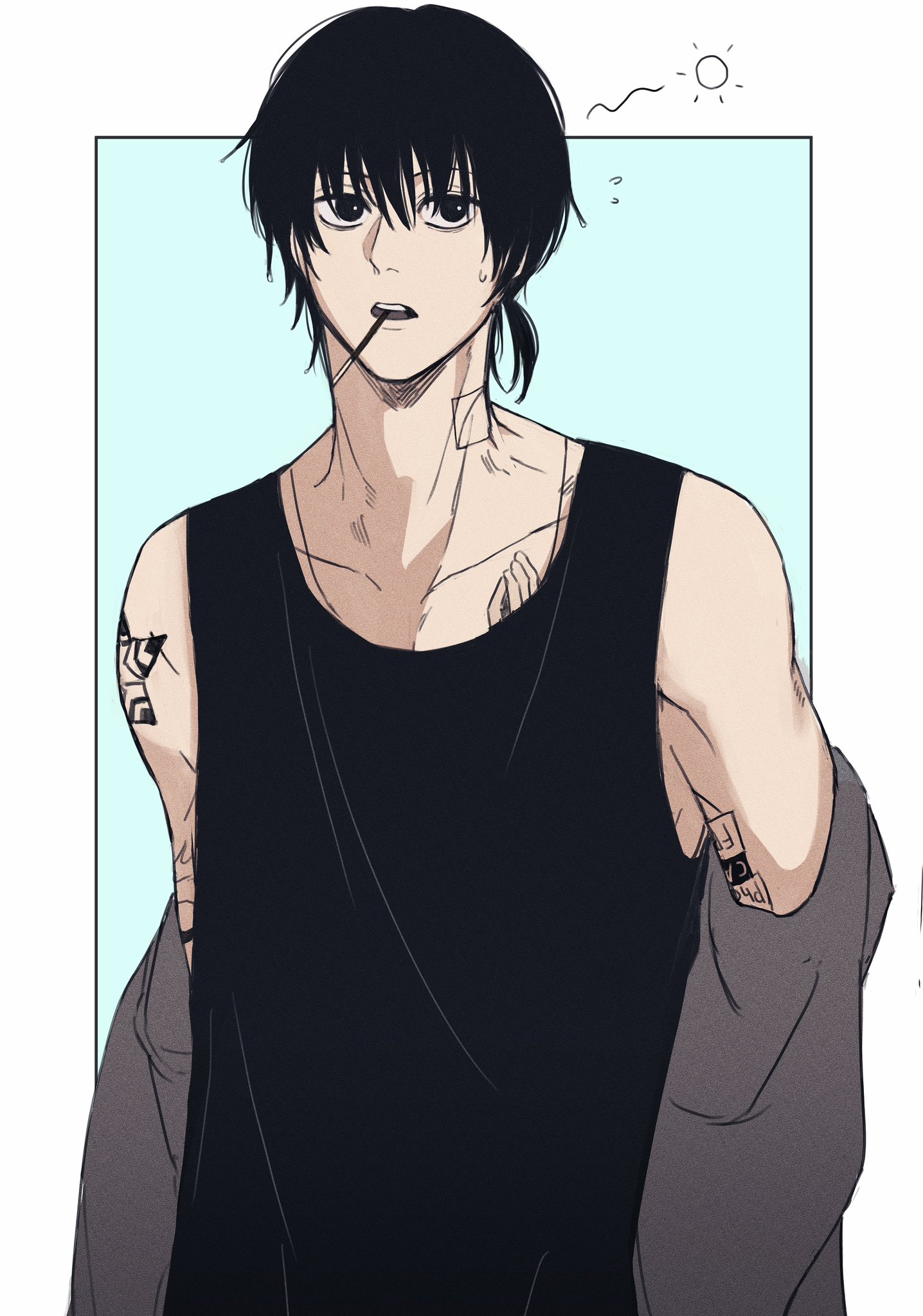 uno 0a, nagumo (sakamoto days), sakamoto days, hashtag-only commentary, highres, 1boy, aqua background, arm tattoo, black eyes, black hair, black tank top, border, chest tattoo, collarbone, male focus, mouth hold, multiple tattoos, neck tattoo, outside border, short hair, skinny, solo, tank top, tattoo, teeth, upper body, upper teeth only, white border