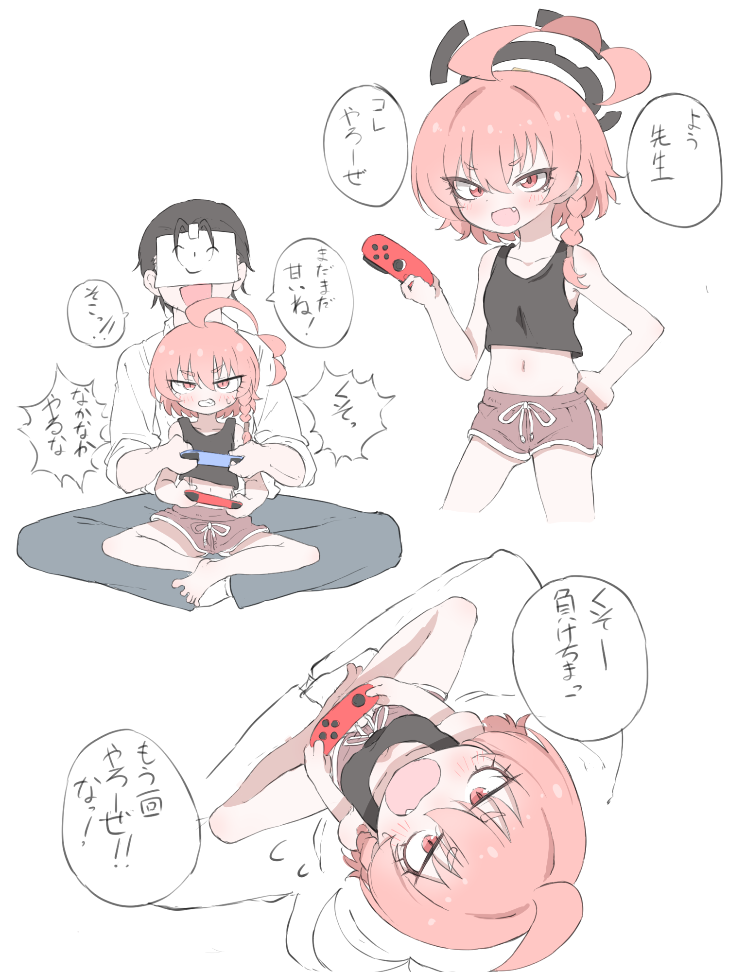 norippe (user zgsf8872), neru (blue archive), blue archive, commentary request, highres, translation request, 1boy, 1girl, :d, ahoge, bare arms, bare shoulders, barefoot, black tank top, blush, braid, brown shorts, clenched teeth, collarbone, dolphin shorts, fang, flying sweatdrops, grey pants, groin, hair between eyes, halo, hand on own hip, holding, navel, nintendo switch, open mouth, pants, pink hair, red eyes, short shorts, shorts, simple background, sitting, sitting on lap, sitting on person, smile, tank top, teeth, v-shaped eyebrows, white background