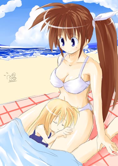 boshinote, takamachi nanoha, vivio, lyrical nanoha, mahou shoujo lyrical nanoha, mahou shoujo lyrical nanoha strikers, 00s, 2girls, armpits, arms at sides, beach, bikini, blonde hair, blue sky, breasts, cleavage, collarbone, day, lap pillow, long hair, medium breasts, midriff, multiple girls, navel, outdoors, sand, shore, short hair, side ponytail, sitting, sky, smile, stomach, summer, swimsuit, very long hair, wariza, water, white bikini
