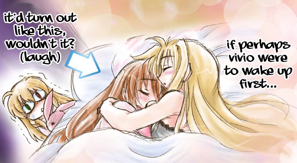 fate testarossa, takamachi nanoha, vivio, lyrical nanoha, mahou shoujo lyrical nanoha, mahou shoujo lyrical nanoha strikers, 00s, 3girls, blonde hair, cuddling, english text, heterochromia, multiple girls, sleeping, yuri