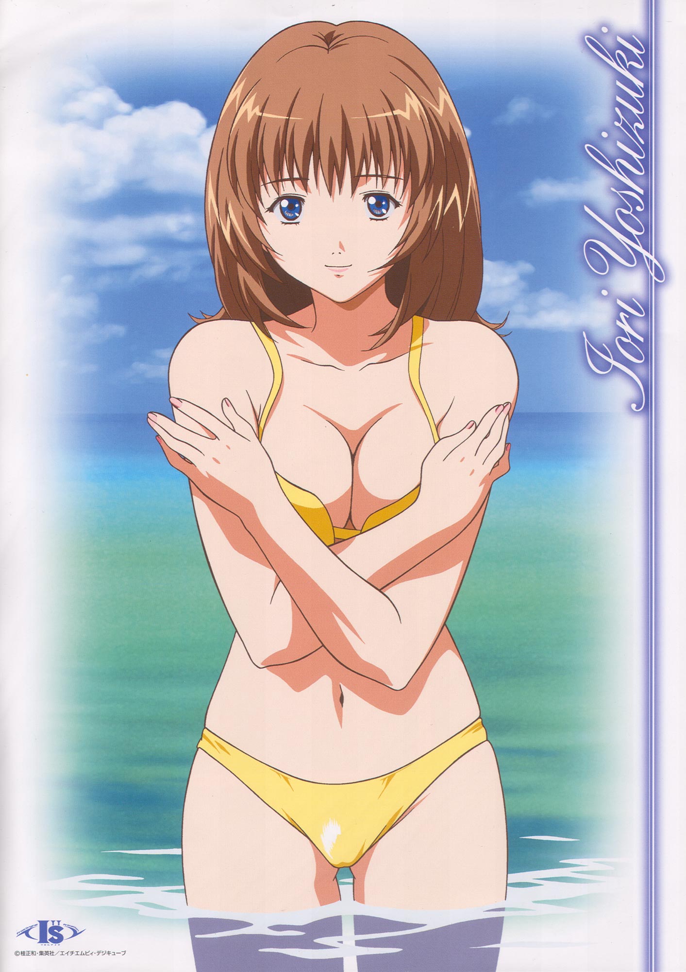 yoshizuki iori, from i''s, i"s, highres, official art, 1girl, bikini, blue eyes, breasts, brown hair, cleavage, crossed arms, day, female focus, medium breasts, outdoors, short hair, sky, smile, solo, swimsuit, wading, water, yellow bikini