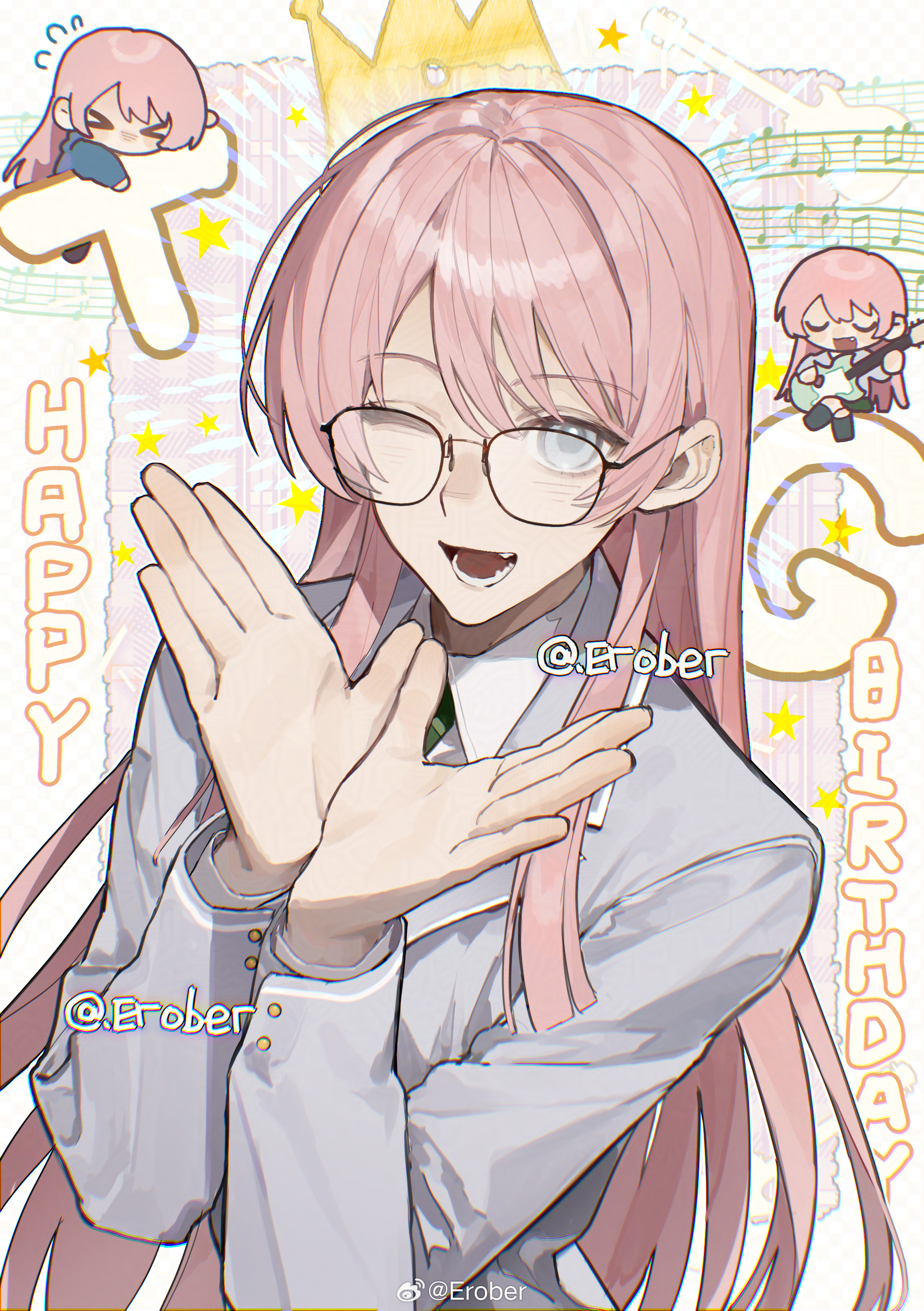 erober, chihaya anon, bang dream!, bang dream! it's mygo!!!!!, absurdres, commentary request, highres, 1girl, blush, electric guitar, fang, glasses, grey eyes, grey jacket, guitar, haneoka school uniform, happy birthday, holding, holding guitar, holding instrument, instrument, jacket, long hair, long sleeves, mini person, multiple girls, one eye closed, open mouth, pink hair, school uniform, simple background, teeth, togawa group (bang dream!), watermark, weibo watermark