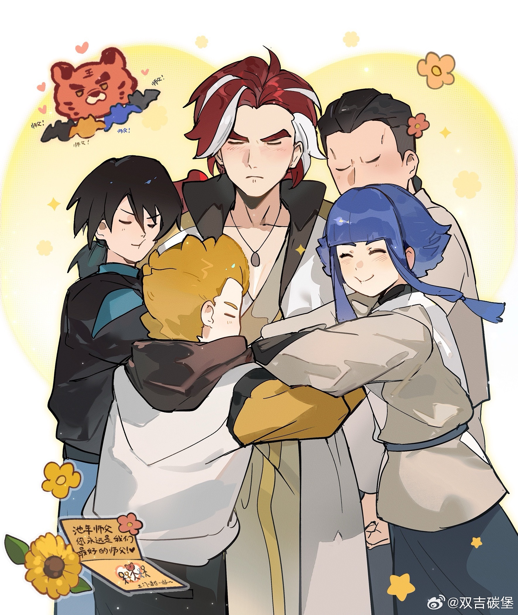 etiv, luo xiaohei zhanji, character request, highres, black hair, blonde hair, blush, chinian, closed eyes, hug, jewelry, jia (the legend of luoxiaohei), multicolored hair, necklace, ponytail, red hair, short hair with long locks, streaked hair, white hair, yi (the legend of luoxiaohei)