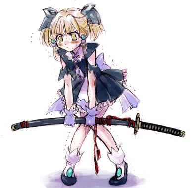 nakamura kanko, irui guneden, banpresto, super robot wars, lowres, blonde hair, katana, solo, sword, weapon