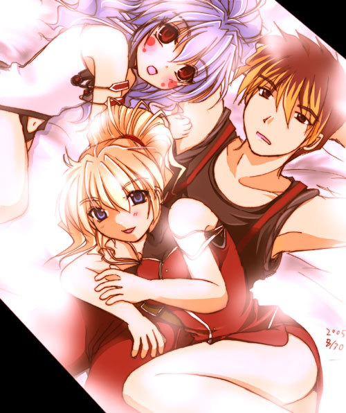 alfimi, excellen browning, kyousuke nanbu, nanbu kyosuke, banpresto, super robot wars, 3girls, bed, blonde hair, blue eyes, blue hair, lying, multiple girls, red eyes