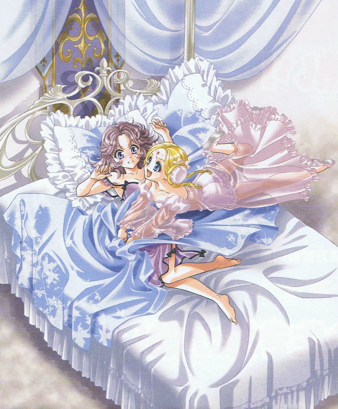 latooni subota, shine hausen, super robot wars, super robot wars original generation, highres, barefoot, bed, blonde hair, blue eyes, feet, lingerie, lying, pillow, purple hair, see-through clothes, smile, underwear