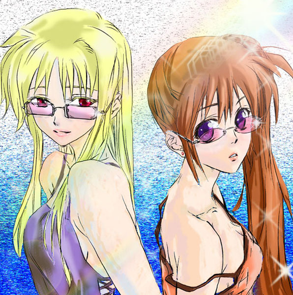 fate testarossa, takamachi nanoha, lyrical nanoha, mahou shoujo lyrical nanoha, mahou shoujo lyrical nanoha strikers, 00s, 2girls, blonde hair, multiple girls, pink-tinted eyewear, purple eyes, red eyes, red hair, side ponytail, sunglasses, swimsuit, tinted eyewear