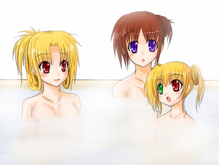 fate testarossa, takamachi nanoha, vivio, lyrical nanoha, mahou shoujo lyrical nanoha, mahou shoujo lyrical nanoha strikers, 00s, 3girls, bath, blonde hair, brown hair, green eyes, heterochromia, multiple girls, purple eyes, red eyes