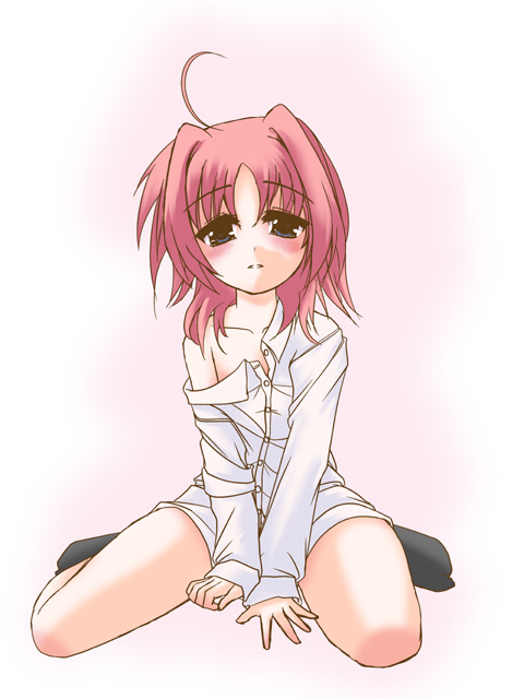 frapowa, caro ru lushe, lyrical nanoha, mahou shoujo lyrical nanoha, mahou shoujo lyrical nanoha strikers, 00s, black socks, blush, bottomless, dress shirt, naked shirt, off shoulder, shirt, sitting, socks, solo