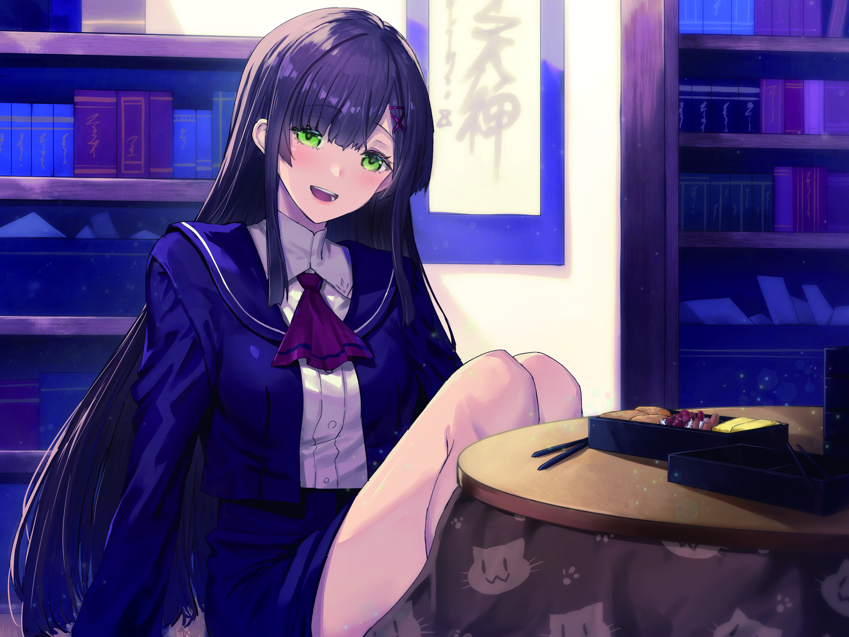 oukawa yuu, original, highres, 1girl, :d, ascot, bento, black hair, blue jacket, blue sailor collar, blue skirt, blunt bangs, blush, book, bookshelf, breasts, chopsticks, collared shirt, food, green eyes, hair ornament, hairclip, head tilt, indoors, jacket, kotatsu, library, long hair, long sleeves, looking at viewer, open clothes, open jacket, open mouth, purple hair, sailor collar, school uniform, shirt, sitting, skirt, smile, solo, table, teeth, very long hair, virtual youtuber, white shirt