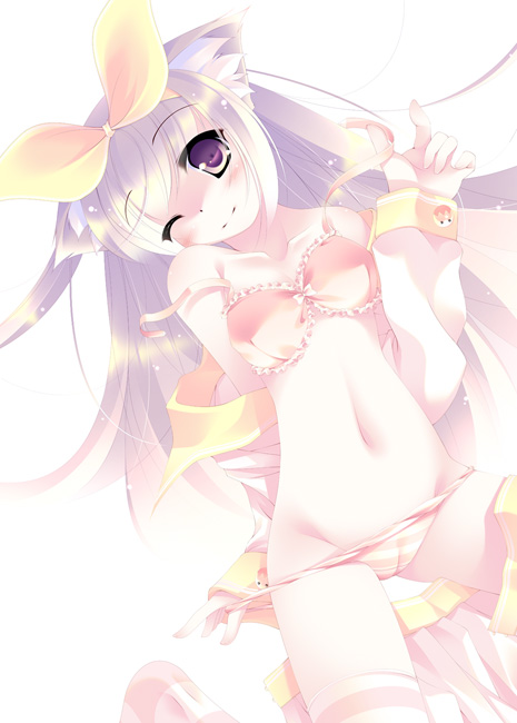 inuneko, animal ears, bra, cat ears, lingerie, lowleg, lowleg panties, panties, solo, striped clothes, striped panties, underwear