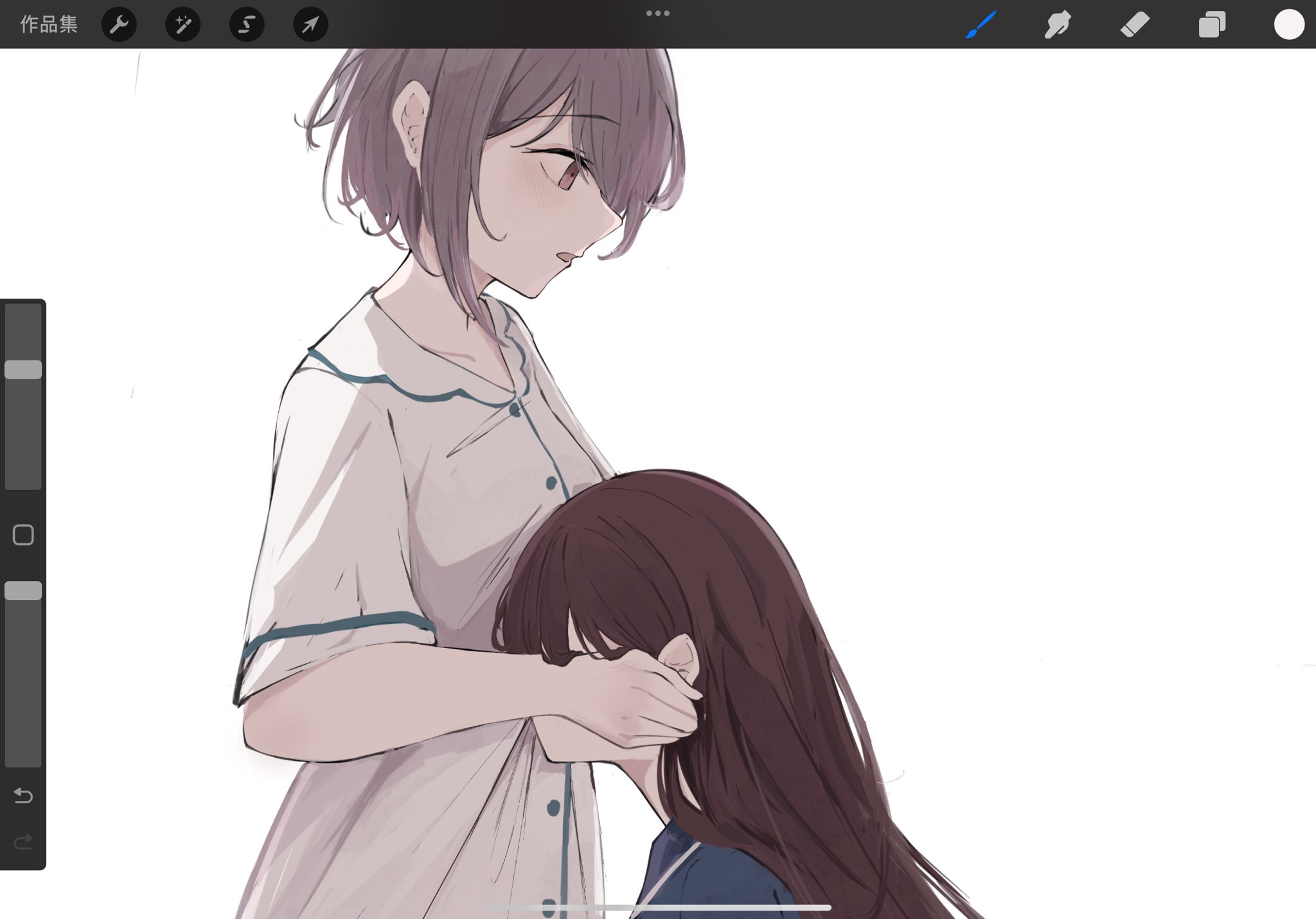 shiina taki, takamatsu tomori, bang dream!, bang dream! it's mygo!!!!!, commentary request, highres, procreate (medium), 23 degree01, 2girls, art program in frame, blue shirt, brown hair, grey hair, long hair, multiple girls, pajamas, shirt, short hair, simple background, white background, white shirt, yuri