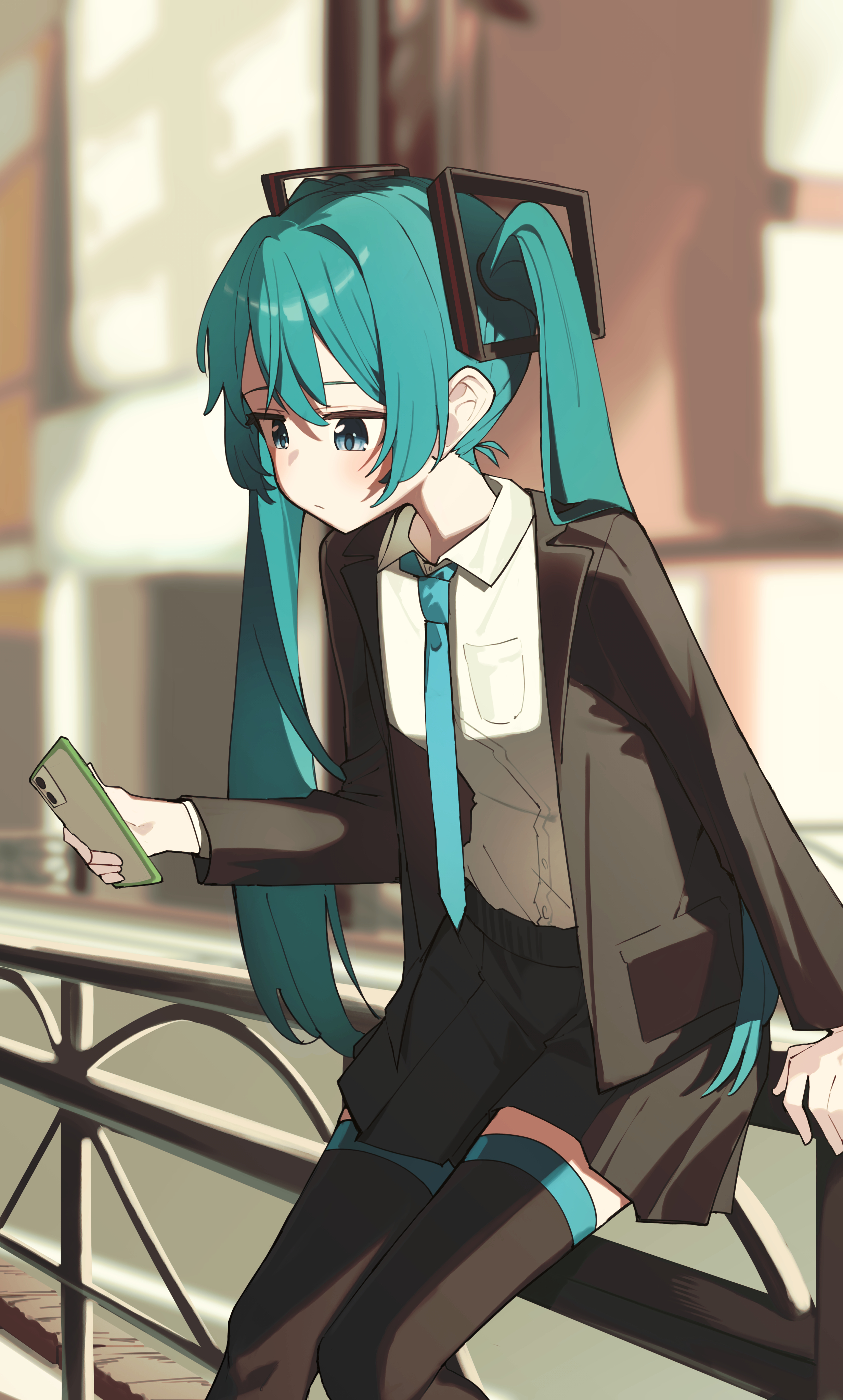 nun178089, hatsune miku, vocaloid, absurdres, hashtag-only commentary, highres, 1girl, against railing, aqua eyes, aqua hair, aqua necktie, aqua trim, black skirt, black thighhighs, blazer, blurry, blurry background, blush, breast pocket, breasts, cellphone, closed mouth, collared shirt, cowboy shot, depth of field, from side, hair between eyes, hair ornament, holding, holding phone, jacket, lapels, long hair, long sleeves, looking at phone, miniskirt, necktie, notched lapels, open clothes, phone, pleated skirt, pocket, railing, road, shirt, shirt tucked in, sidelocks, sitting, skirt, small breasts, smartphone, solo, thighhighs, twintails, very long hair, white shirt, zettai ryouiki