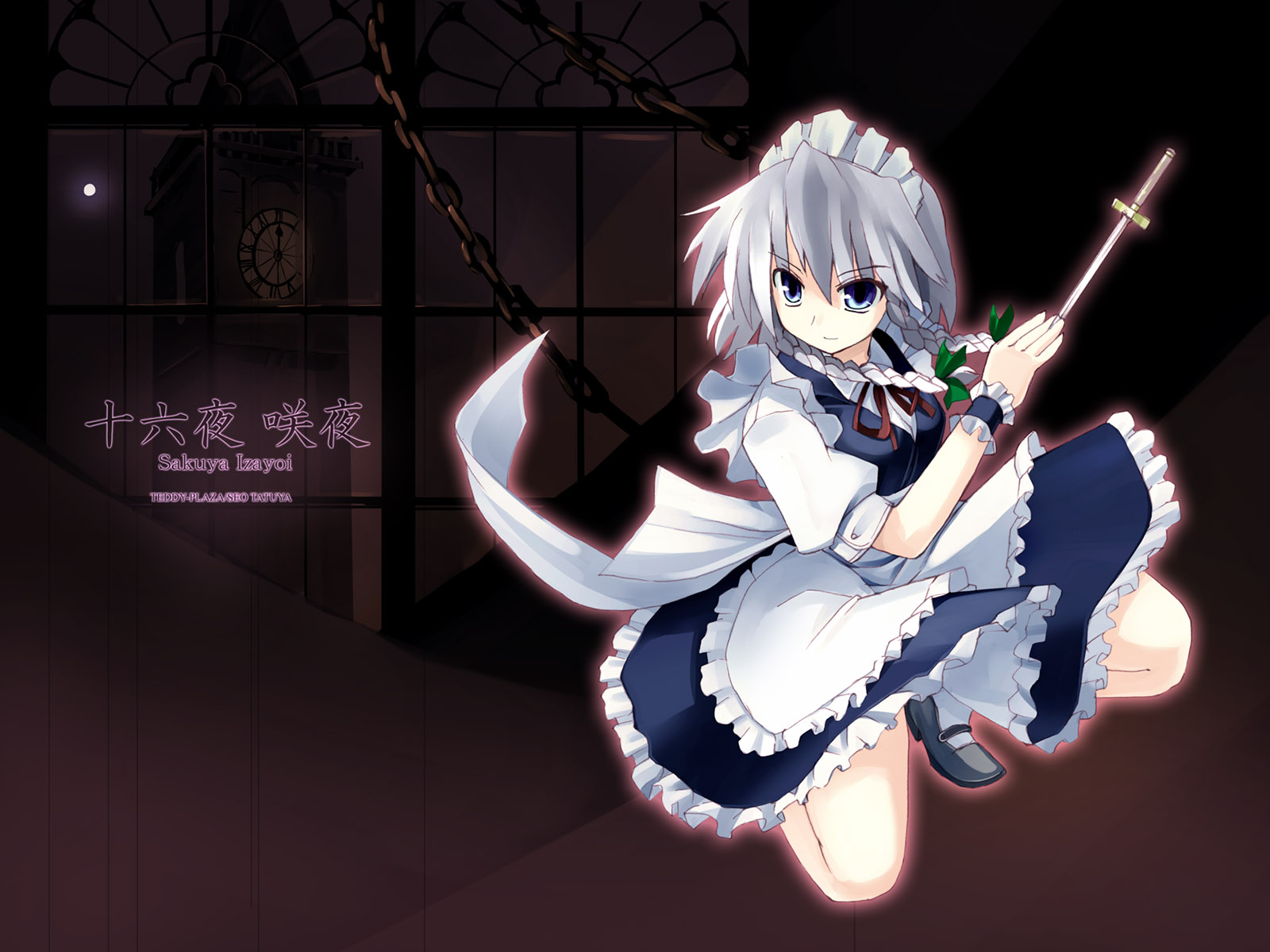 seo tatsuya, izayoi sakuya, touhou, silver hair, highres, 1girl, braid, female focus, knife, short hair, solo, twin braids