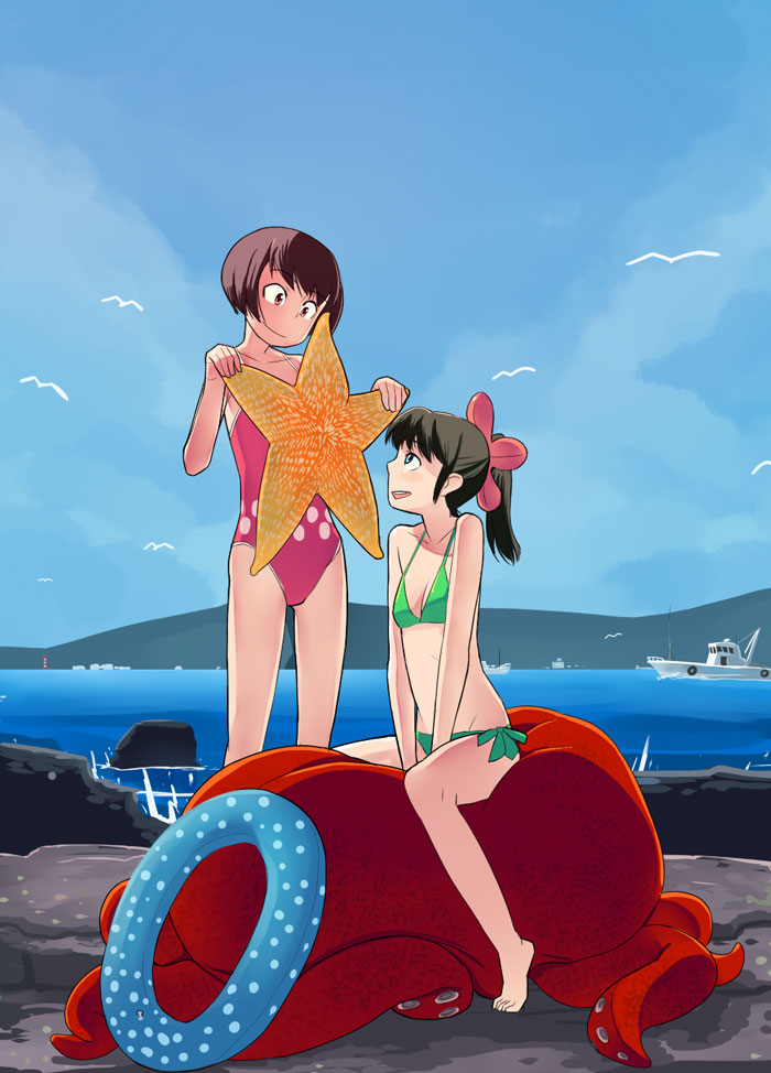 2girls, bikini, day, innertube, multiple girls, octopus, starfish, swim ring, swimsuit