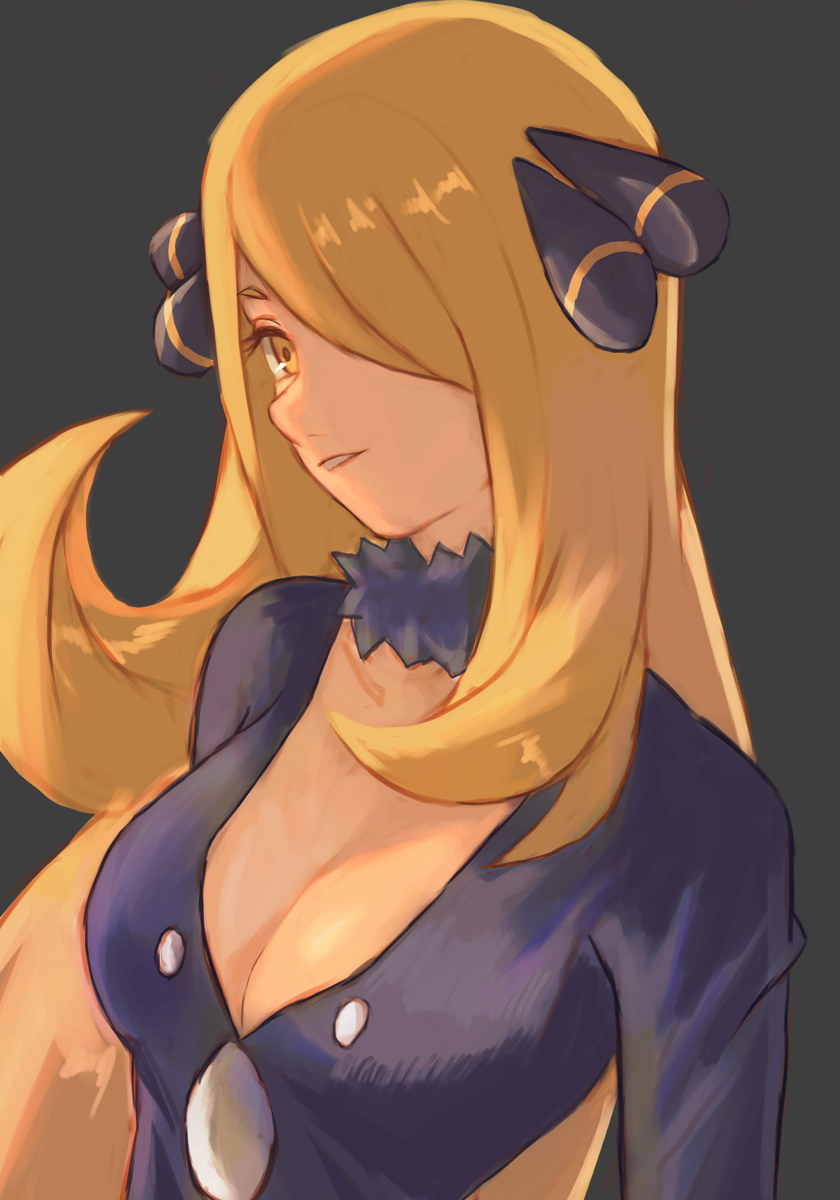 aoyagi 0, cynthia (pokemon), nintendo, pokemon, pokemon dppt, absurdres, commentary request, highres, 1girl, black collar, black shirt, blonde hair, breasts, cleavage, collar, fur collar, grey background, hair ornament, hair over one eye, head tilt, long hair, shirt, simple background, solo, upper body, yellow eyes