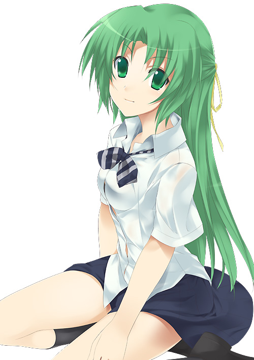 mizuki makoto, sonozaki shion, higurashi no naku koro ni, 00s, 1girl, female focus, green eyes, green hair, half updo, kneehighs, matching hair/eyes, school uniform, serafuku, socks, solo