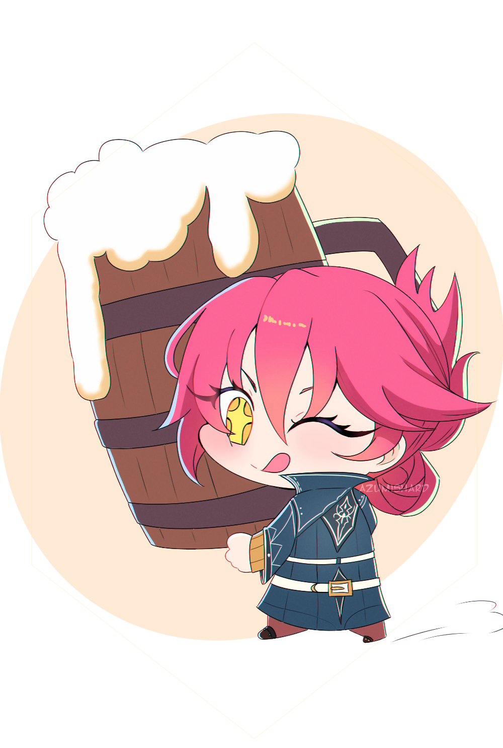 azumishard, sara valestein, eiyuu densetsu, sen no kiseki (series), sen no kiseki i, commentary, highres, symbol-only commentary, 1girl, alcohol, beer, beer mug, chibi, coat, cup, double-parted bangs, hair between eyes, hair bun, holding, holding cup, looking at viewer, mug, pink hair, short hair, simple background, smile, solo, tongue, tongue out, two-tone background, white background, yellow background, yellow eyes