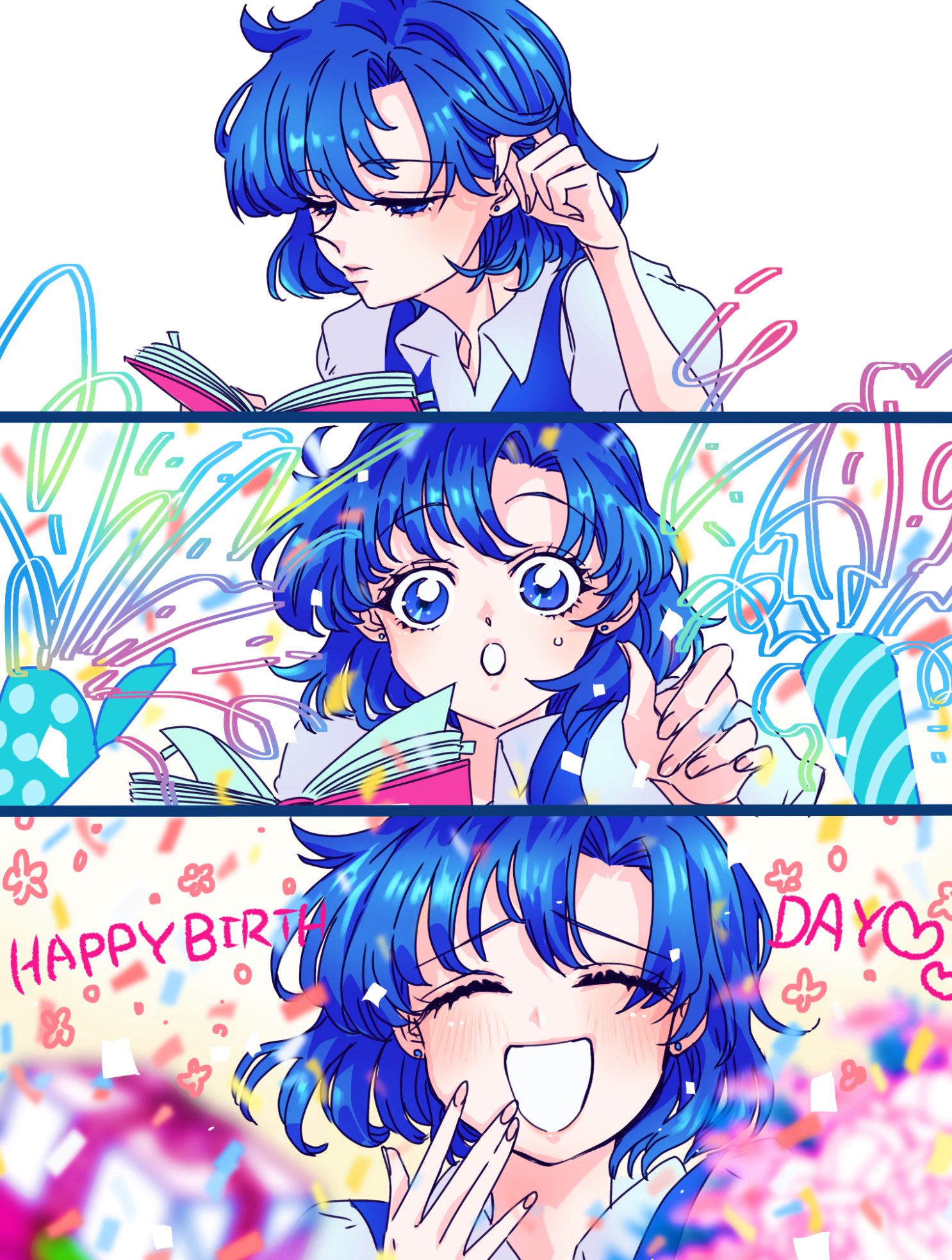 kawa13923910, mizuno ami, bishoujo senshi sailor moon, highres, 1girl, :d, :o, blue eyes, blue hair, blue vest, book, closed eyes, collared shirt, earrings, fingernails, happy birthday, jewelry, lips, looking at viewer, open book, open mouth, reading, serious, shirt, smile, solo, stud earrings, surprised, vest, white shirt